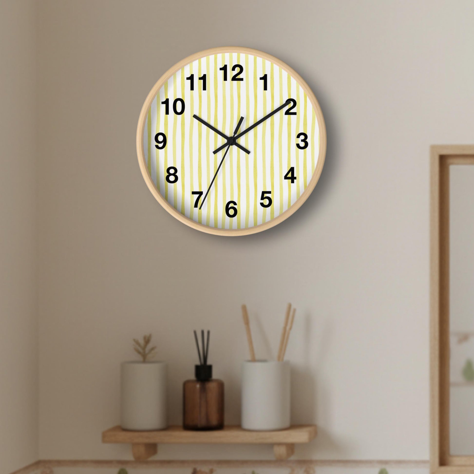 Nursery Minimalist Yellow Decor Striped Wall Clock Silent Mechanism Battery Operated Wall Timepiece Wood Frame Customizable Nursery Idea