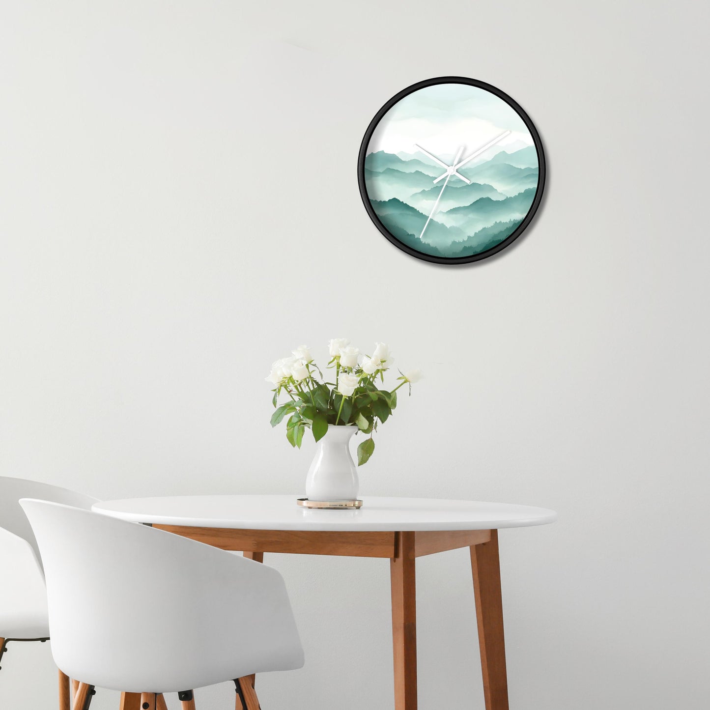 Mountain Scene Wall Clock Minimalist Wood Design Contemporary Nature Art Home Decor Premium Timepiece Living Room Accent Beautiful Mountain Landscape Modern Style Teal White Gradient Natural Wood Frame Square Shape Perfect Gift Present