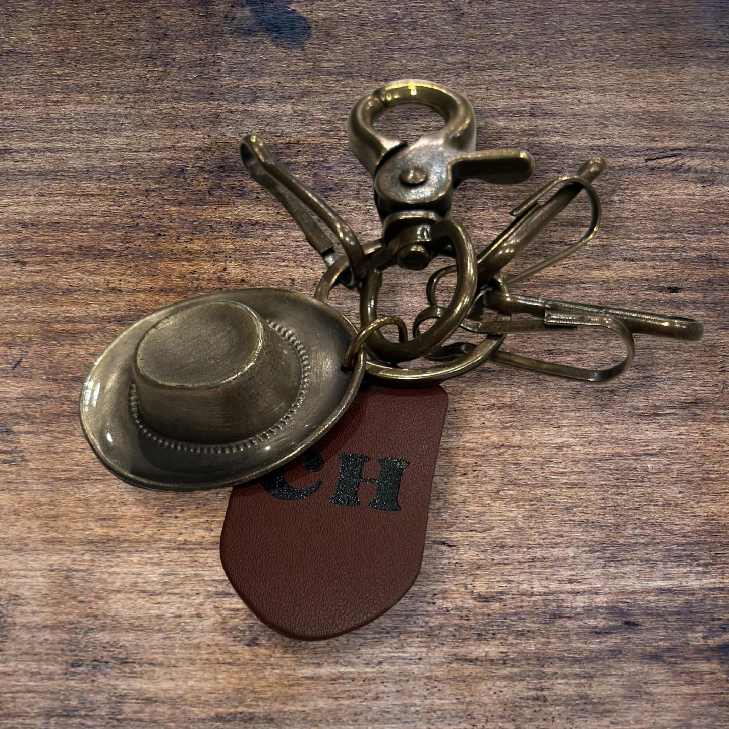 Brass Cowboy Hat Charm Vegan Leather Keychain Add Engraved Initials Western Themed Gift for College Student Personalize Graduation Idea