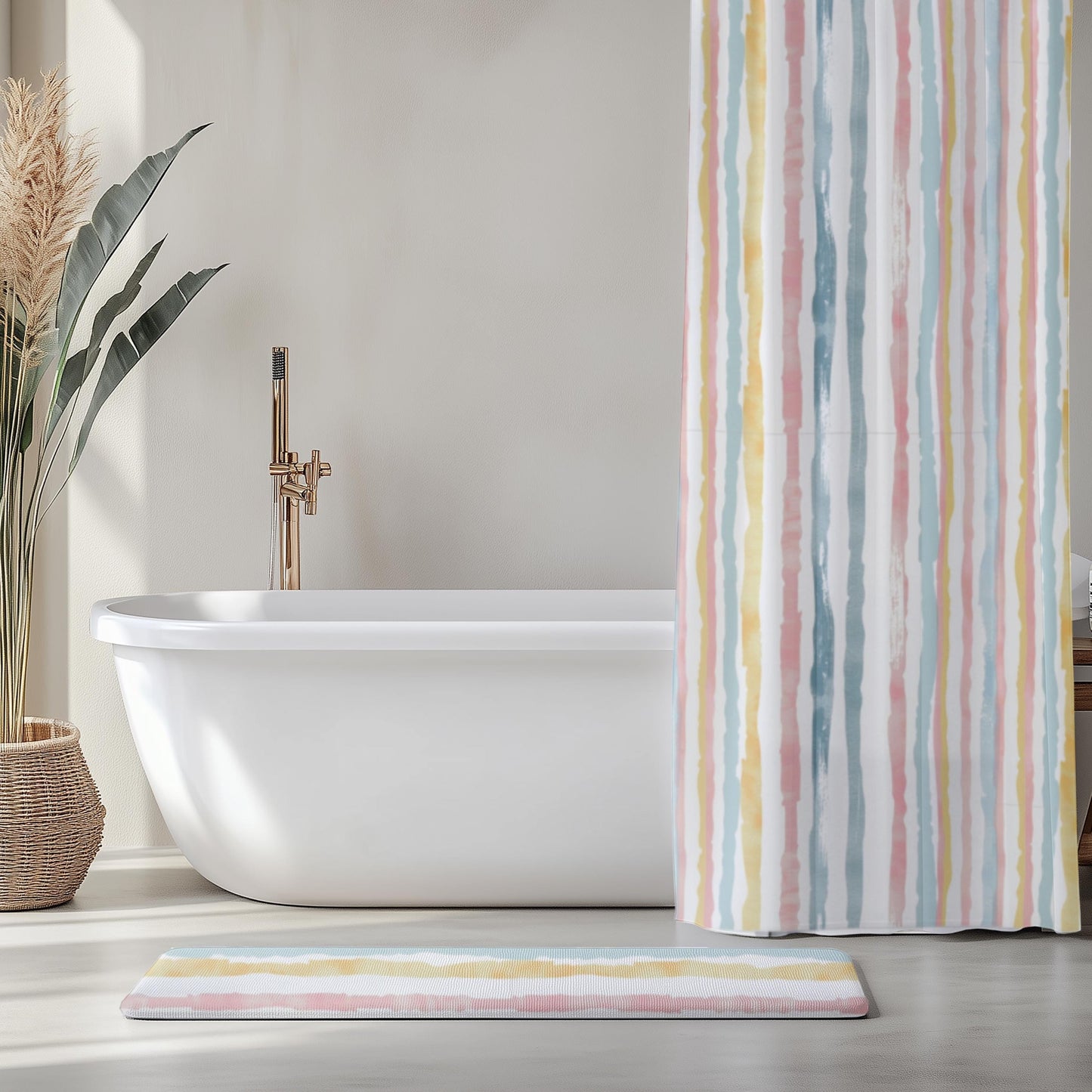 Pastel Stripe Home Decor Guest Bathroom Renovation Irregular Stripe Design Shower Curtain and Marching Bath Mat Teen Restroom Idea for Her