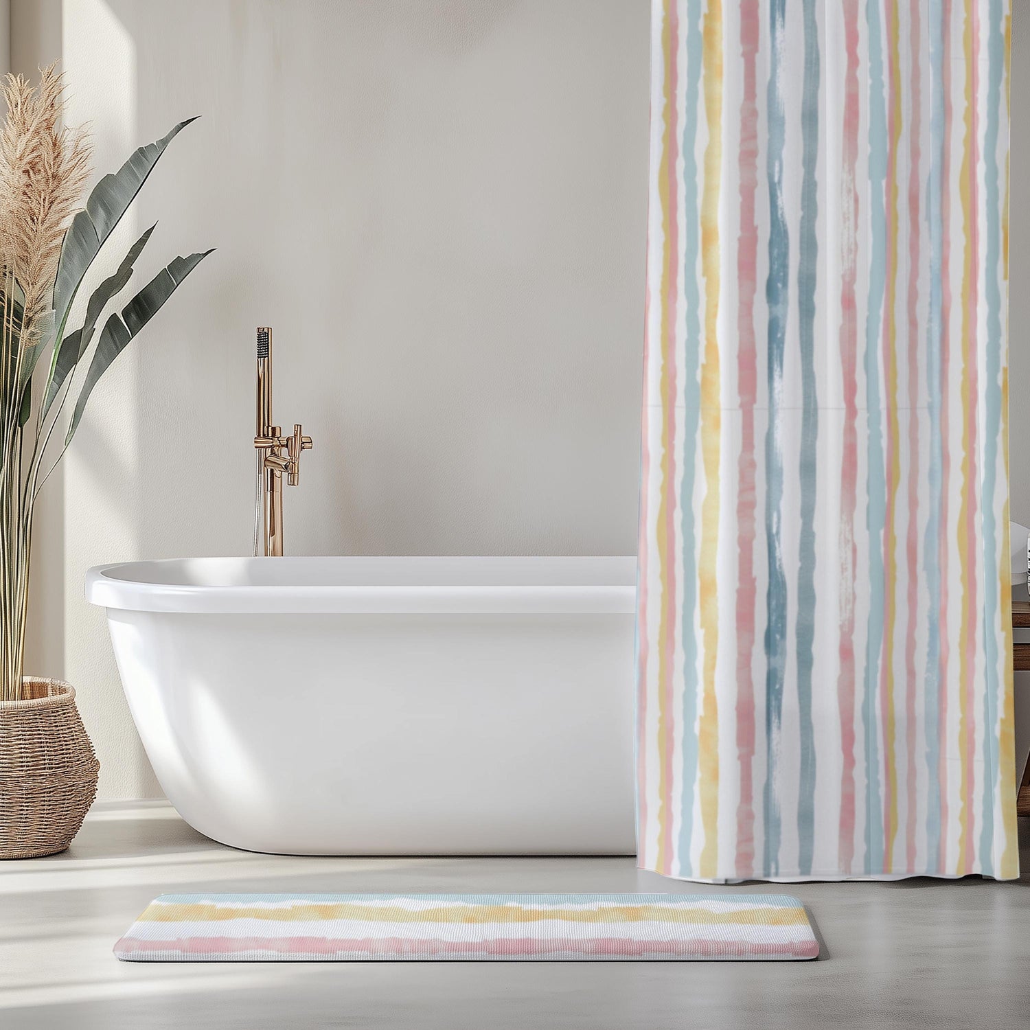 Pastel Stripe Home Decor Guest Bathroom Renovation Irregular Stripe Design Shower Curtain and Marching Bath Mat Teen Restroom Idea for Her