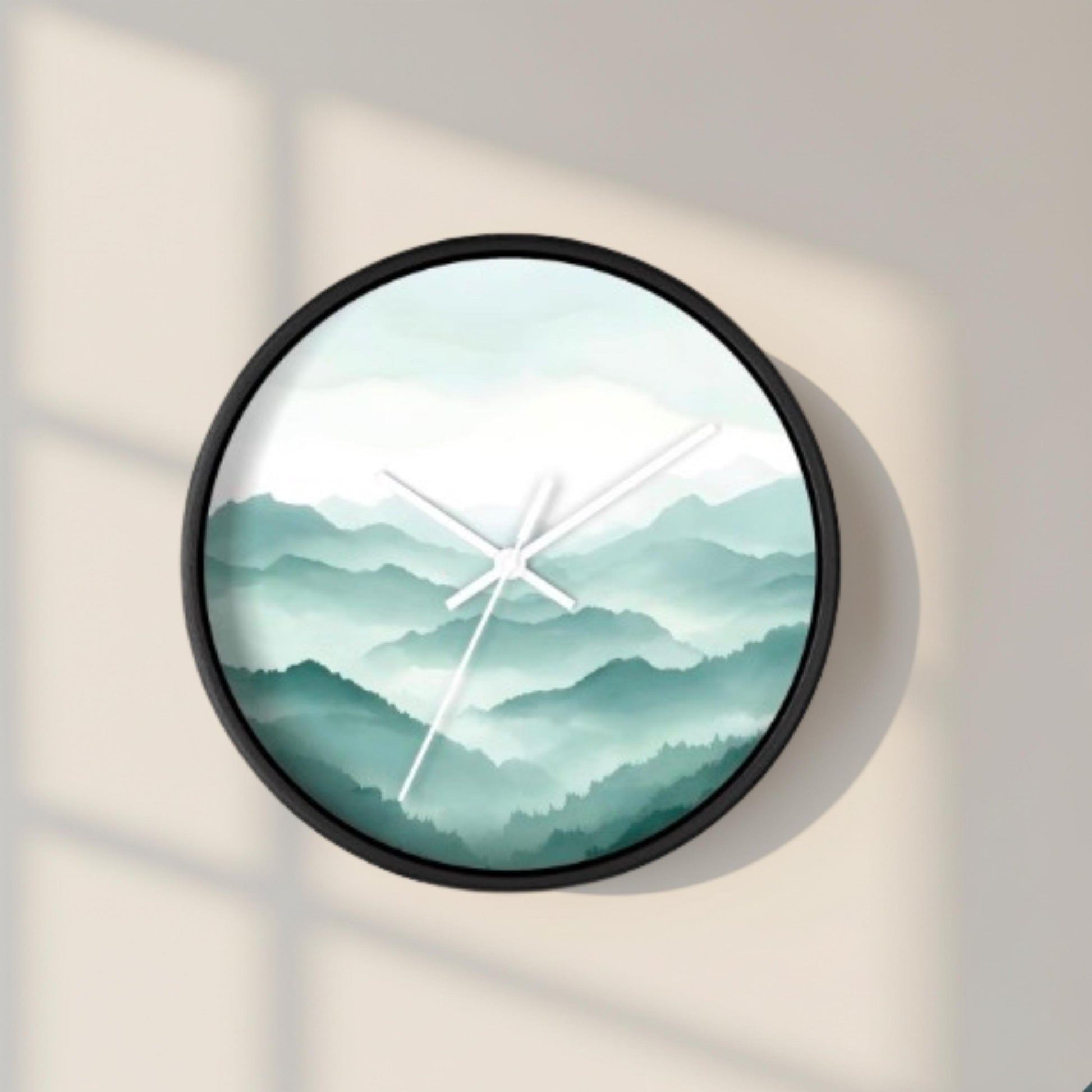 Minimalist Wood Clock Mountain Scene Design Contemporary Home Decor Nature Inspired Wall Art Modern Timepiece Living Room Bedroom Accent Piece Teal White Gradient Natural Wood Frame Metal Mechanism Square Shape Premium Quality Construction