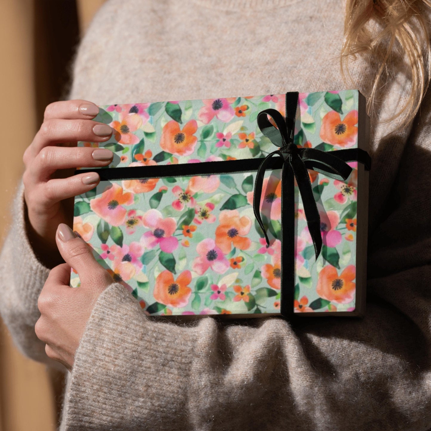 Pink Floral Pattern Wrapping Paper Coral Orange Flowers Light Background Design Elegant Gift Packaging Premium Quality Material Multiple Size Options Satin Finish Available Wedding Celebration Paper Birthday Present Wrap Beautiful Botanical
