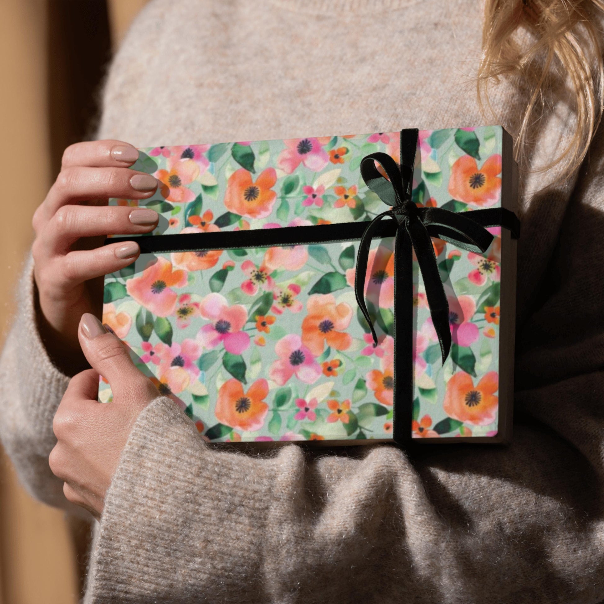 Pink Floral Pattern Wrapping Paper Coral Orange Flowers Light Background Design Elegant Gift Packaging Premium Quality Material Multiple Size Options Satin Finish Available Wedding Celebration Paper Birthday Present Wrap Beautiful Botanical