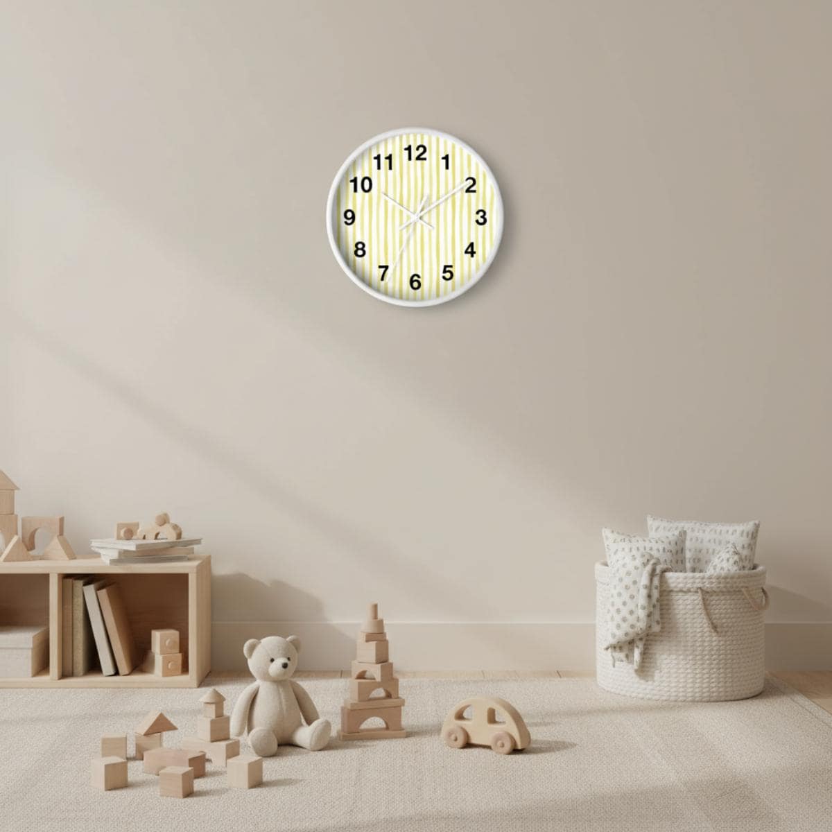 Nursery Minimalist Yellow Decor Striped Wall Clock Silent Mechanism Battery Operated Wall Timepiece Wood Frame Customizable Nursery Idea