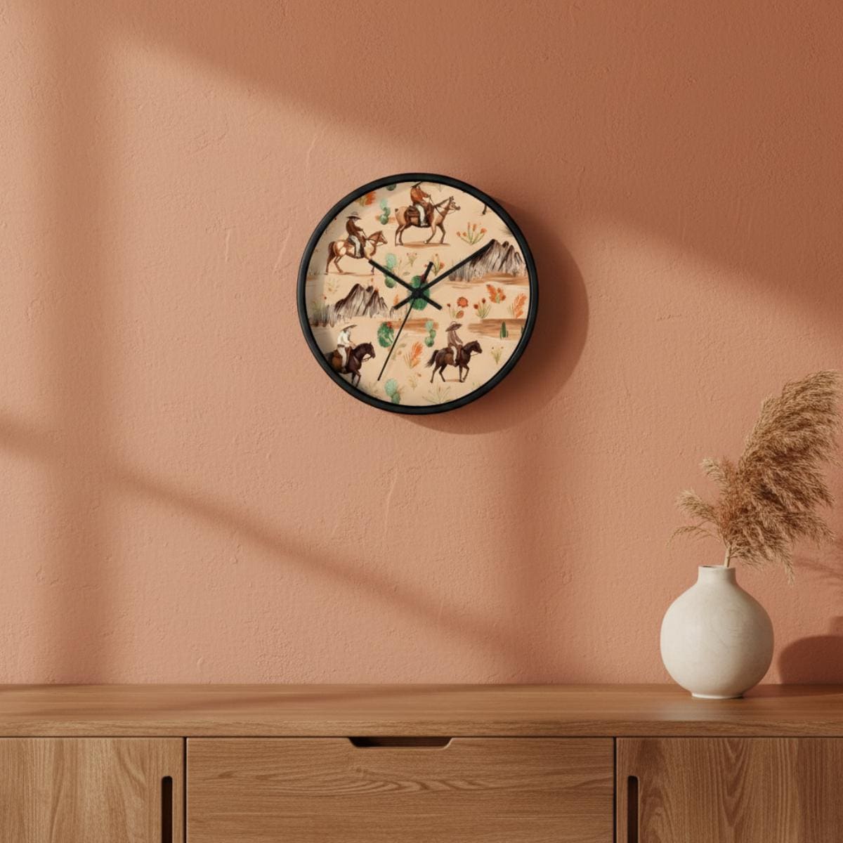 Western Nursery Wall Clock Cowboy Baby Room Decor Horse Theme Infant Bedroom Neutral Horse Wall Accent Silent Mechanism Playroom Idea