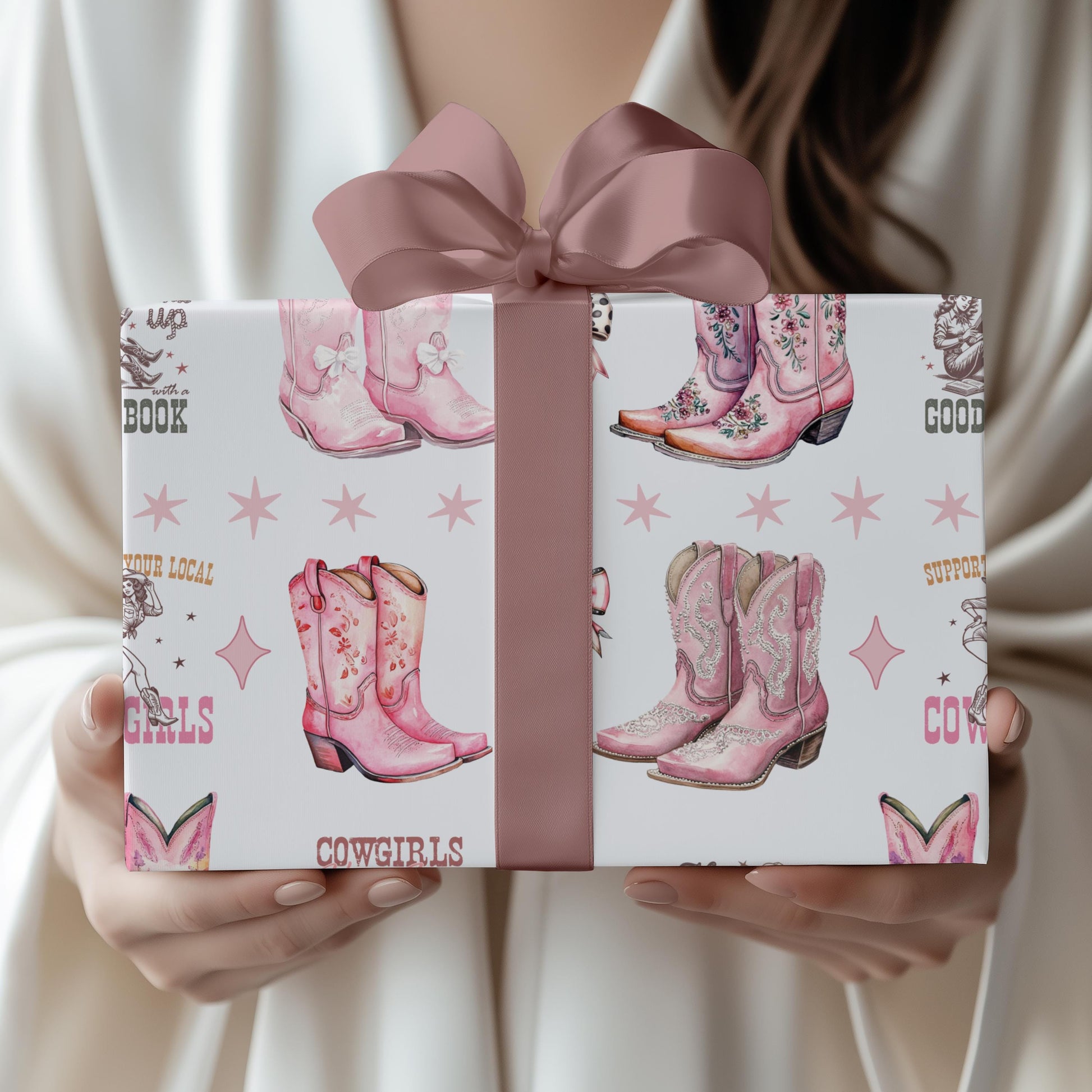 Pink Girly Cowgirl Gift Wrap Eco Friendly Paper Boot Pattern Stars Design Birthday Gift Wrap Essential Multiple Size Options Satin Glossy Finish Quality Construction Beautiful Western Theme Collection Perfect Party Planning Supply