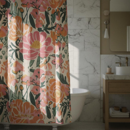 Flower Shower Curtain Funky Bright Stall Curtain Vintage Preppy Shower Curtain Colorful Fabric Bath Cover and Bath Mat