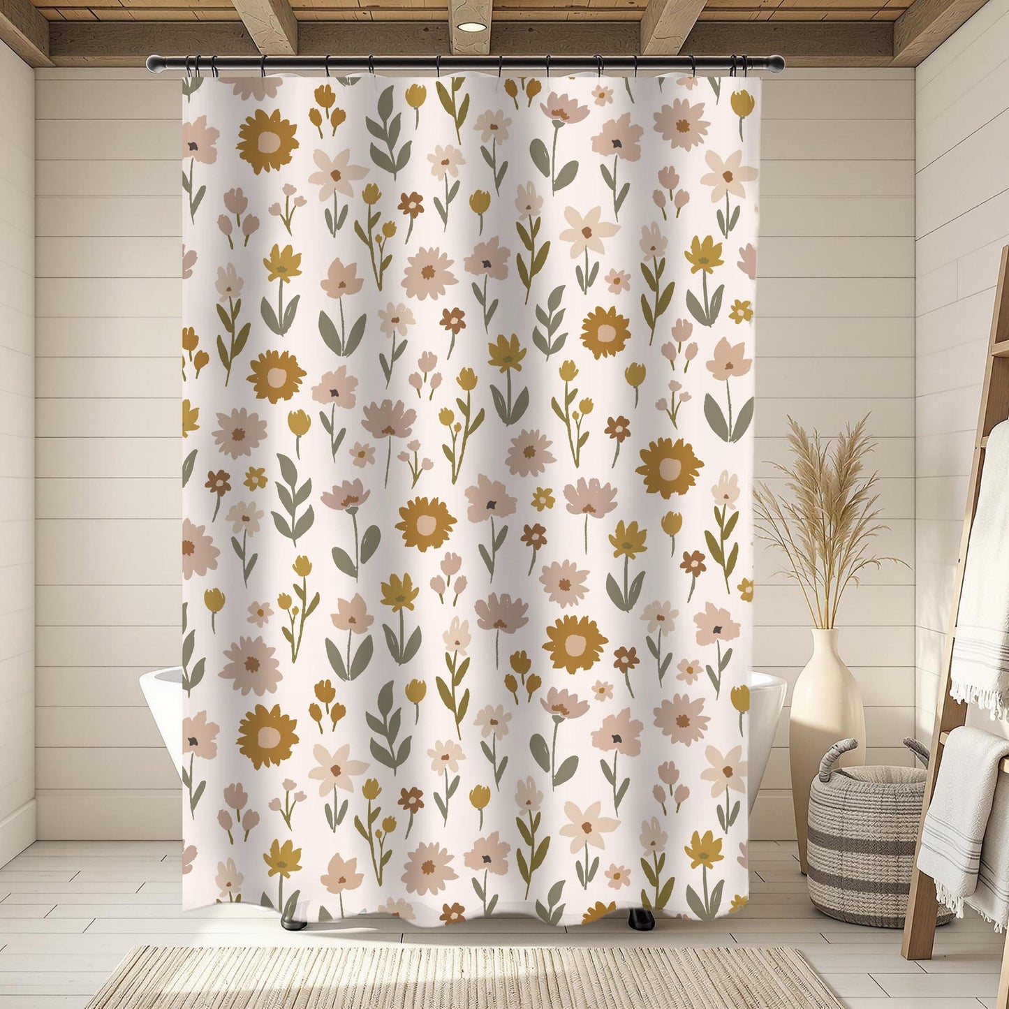 Boho Wildflower Shower Curtain Farmhouse Beige Curtain Housewarming Gift for New Home Owner Boho Floral Shower Cover Minimalist Guest Bath