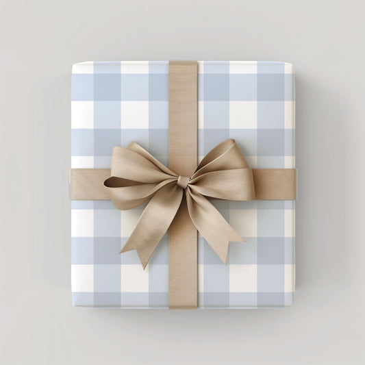 Buffalo Check Wrap Kraft Paper Holiday Gift Packaging Christmas Present Wrapping Blue White Plaid Pattern Farmhouse Style Rustic Design Elegant Chic Look Winter Celebration Package Country Style Presentation Beautiful Wrapping Solution