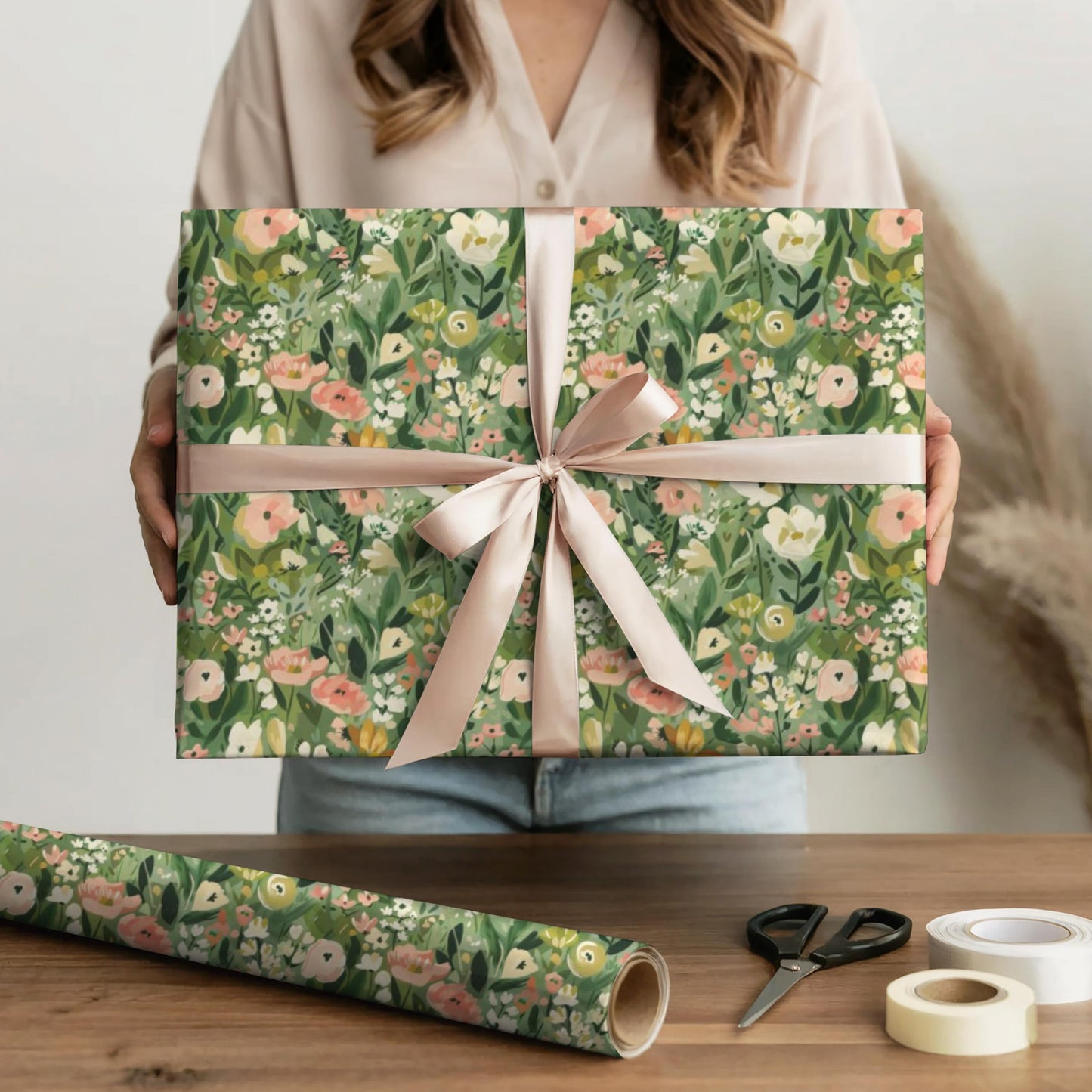 Green Botanical Gift New Homeowner Present Paper Floral Gift Wrap Elegant Paper Garden Inspired Gift Packaging Hostess Gift Wrap Roll