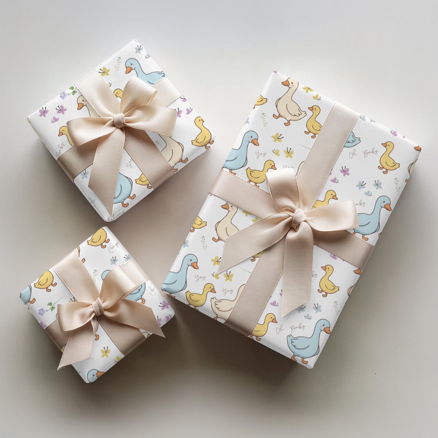 Duck Baby Shower Gift Wrapping Paper Cute Ducks in a Row Theme Gift Wrap Duckling Party Wrap Baby Shower Decorations Gift Wrap Roll Bulk Cute duck baby shower wrapping paper with pastel ducklings and flowers wrapped around gift boxes