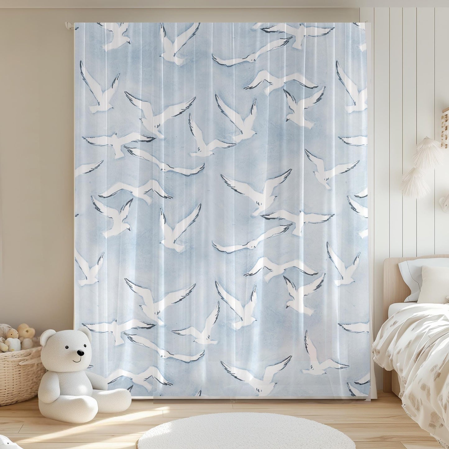Coastal Window Treatment Blue Sheer Panel Beach House Style Light Filtering Curtain Seagull Pattern Design Modern Ocean Theme Living Room Essential Minimalist Construction Rod Pocket Feature Machine Washable Material Beautiful Nautical