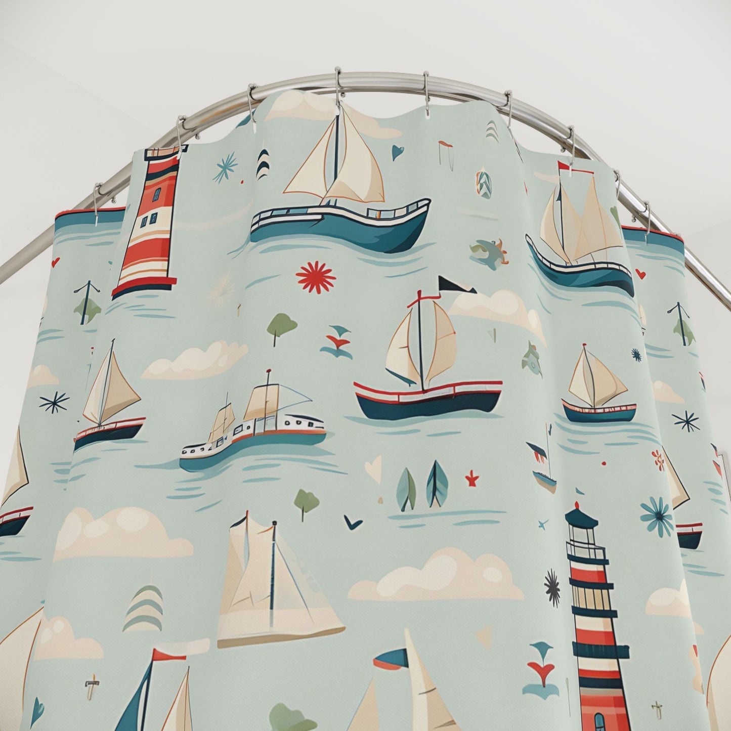 Coastal Theme Shower Curtain Nautical Bathroom Set Beach House Decoration Lighthouse Sailboat Pattern Maritime Design Ocean Themed Bathroom Complete Bath Collection Seaside Inspired Decor Guest Bathroom Accessory Standard Size Water