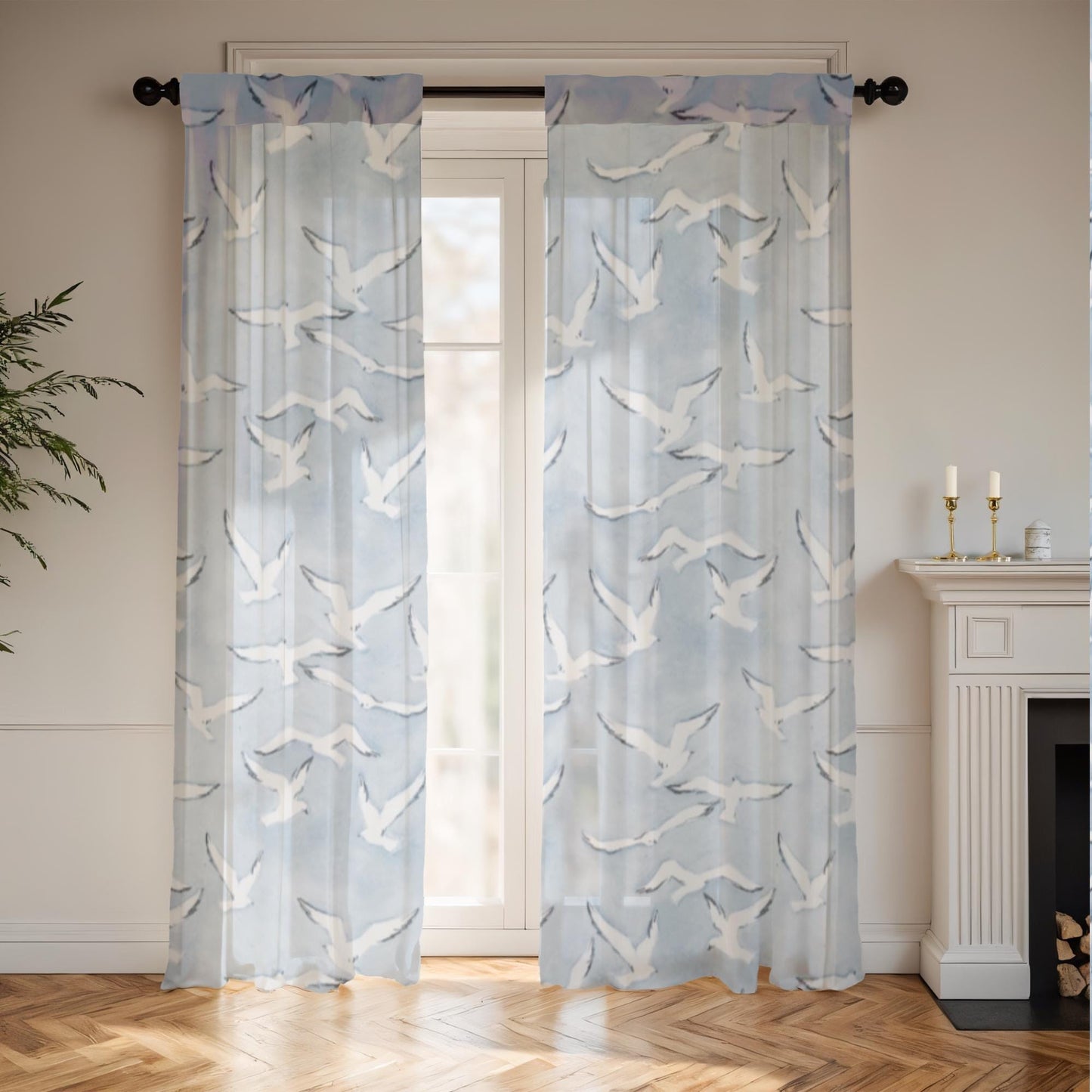 Light Filtering Window Panel Blue Sheer Curtain Beach House Style Design Seagull Pattern Minimalist Coastal Decor Rod Pocket Feature Ocean Theme Living Room Essential Beautiful Summer Home Decor Machine Washable Material