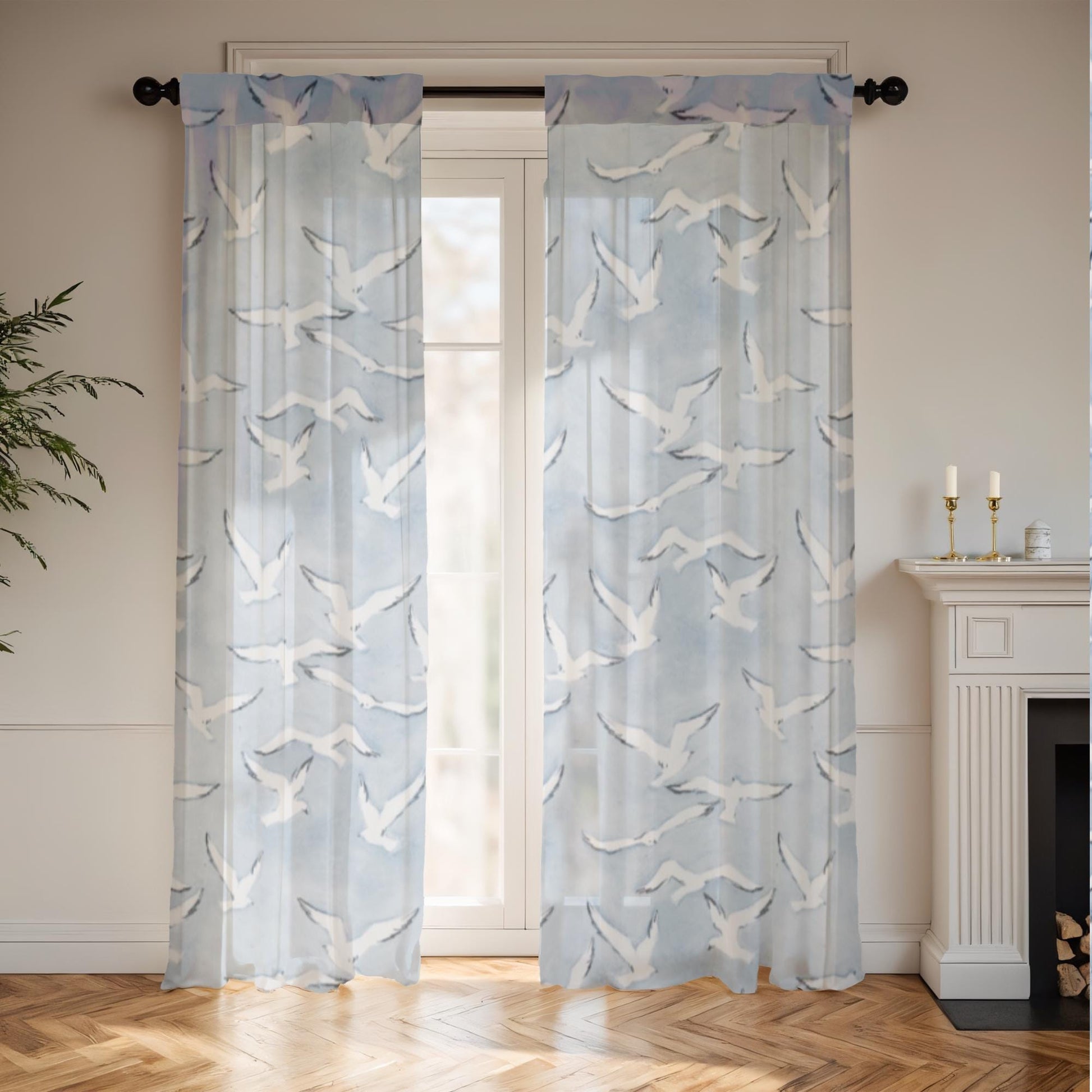 Light Filtering Window Panel Blue Sheer Curtain Beach House Style Design Seagull Pattern Minimalist Coastal Decor Rod Pocket Feature Ocean Theme Living Room Essential Beautiful Summer Home Decor Machine Washable Material
