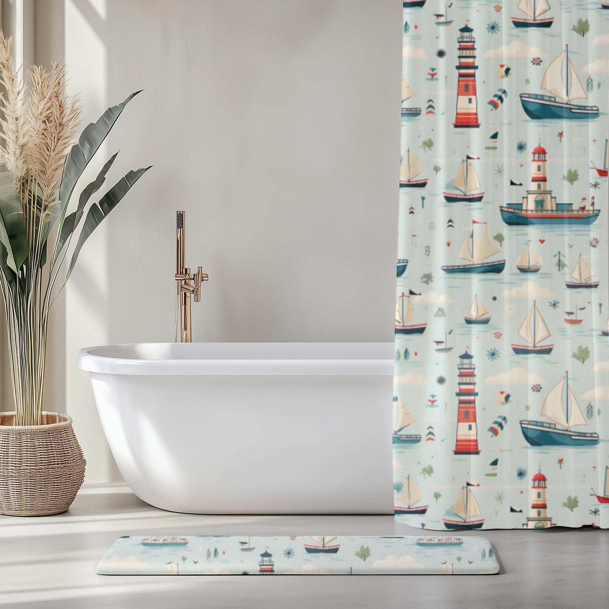 Beach House Bathroom Set Nautical Shower Curtain Coastal Theme Decoration Maritime Style Lighthouse Design Sailboat Pattern Guest Bathroom Accessory Ocean Themed Decor Seaside Inspired Collection Complete Bath Set Water Resistant Material