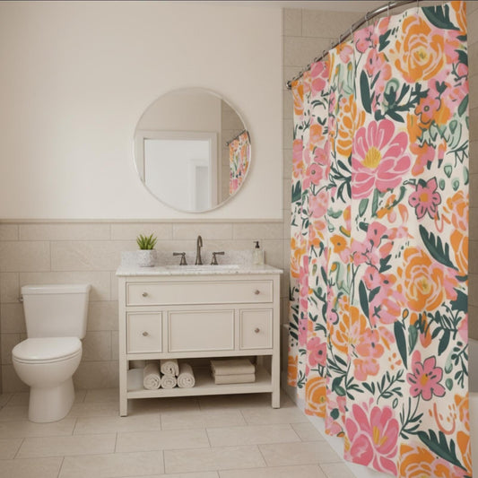 Boho Floral Shower Curtain Colorful Bathroom Decor Artistic Flower Pattern Bath Curtain Eclectic Home Bohemian Style Bright Pink Design