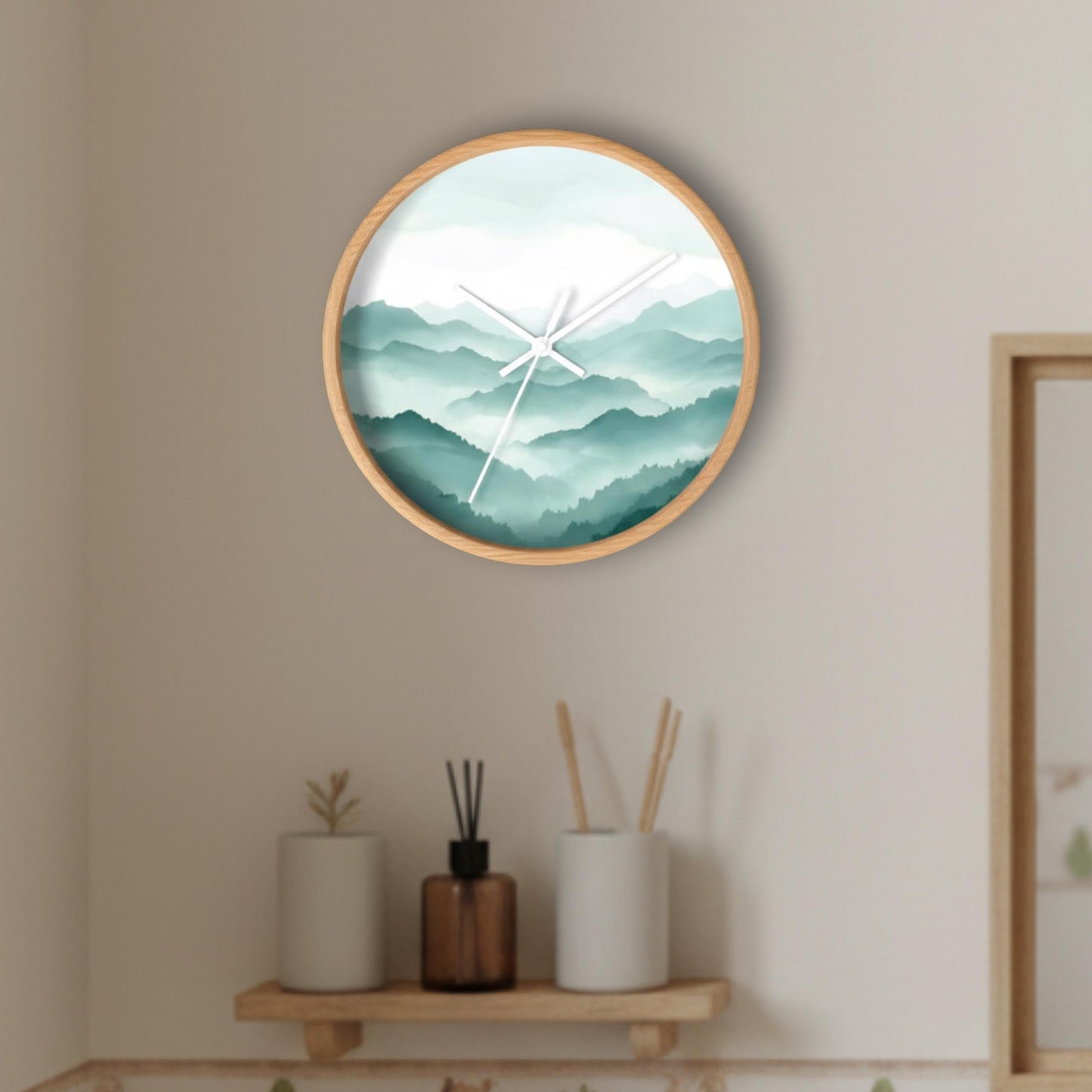 Minimalist Wood Clock Mountain Scene Design Contemporary Home Decor Nature Inspired Wall Art Modern Timepiece Living Room Bedroom Accent Piece Teal White Gradient Natural Wood Frame Metal Mechanism Square Shape Premium Quality Construction
