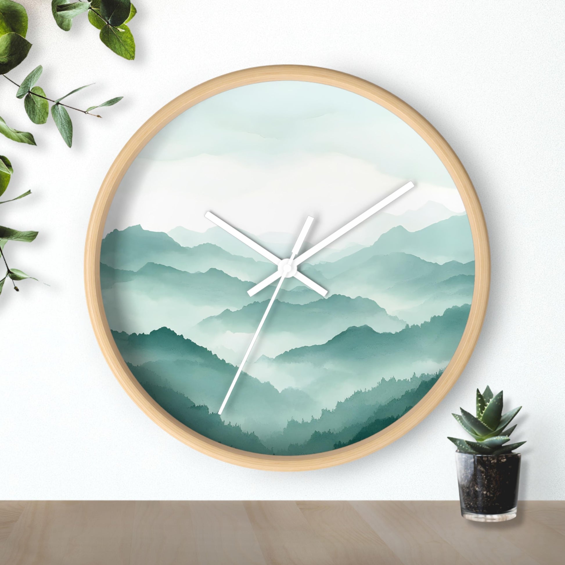 Minimalist Wood Clock Mountain Scene Design Contemporary Home Decor Nature Inspired Wall Art Modern Timepiece Living Room Bedroom Accent Piece Teal White Gradient Natural Wood Frame Metal Mechanism Square Shape Premium Quality Construction