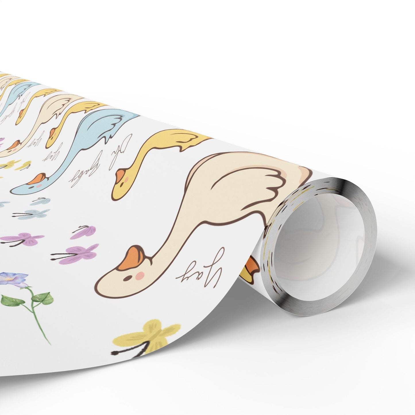 Cute duck baby shower wrapping paper with pastel ducklings and flowers wrapped around gift boxes