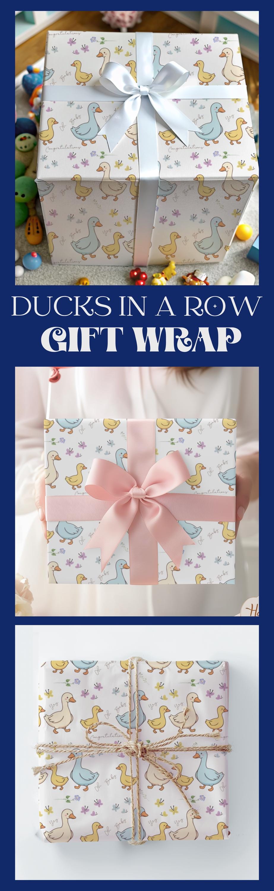 Duck Baby Shower Gift Wrapping Paper Cute Ducks in a Row Theme Gift Wrap Duckling Party Wrap Baby Shower Decorations Gift Wrap Roll Bulk Cute duck baby shower wrapping paper with pastel ducklings and flowers wrapped around gift boxes