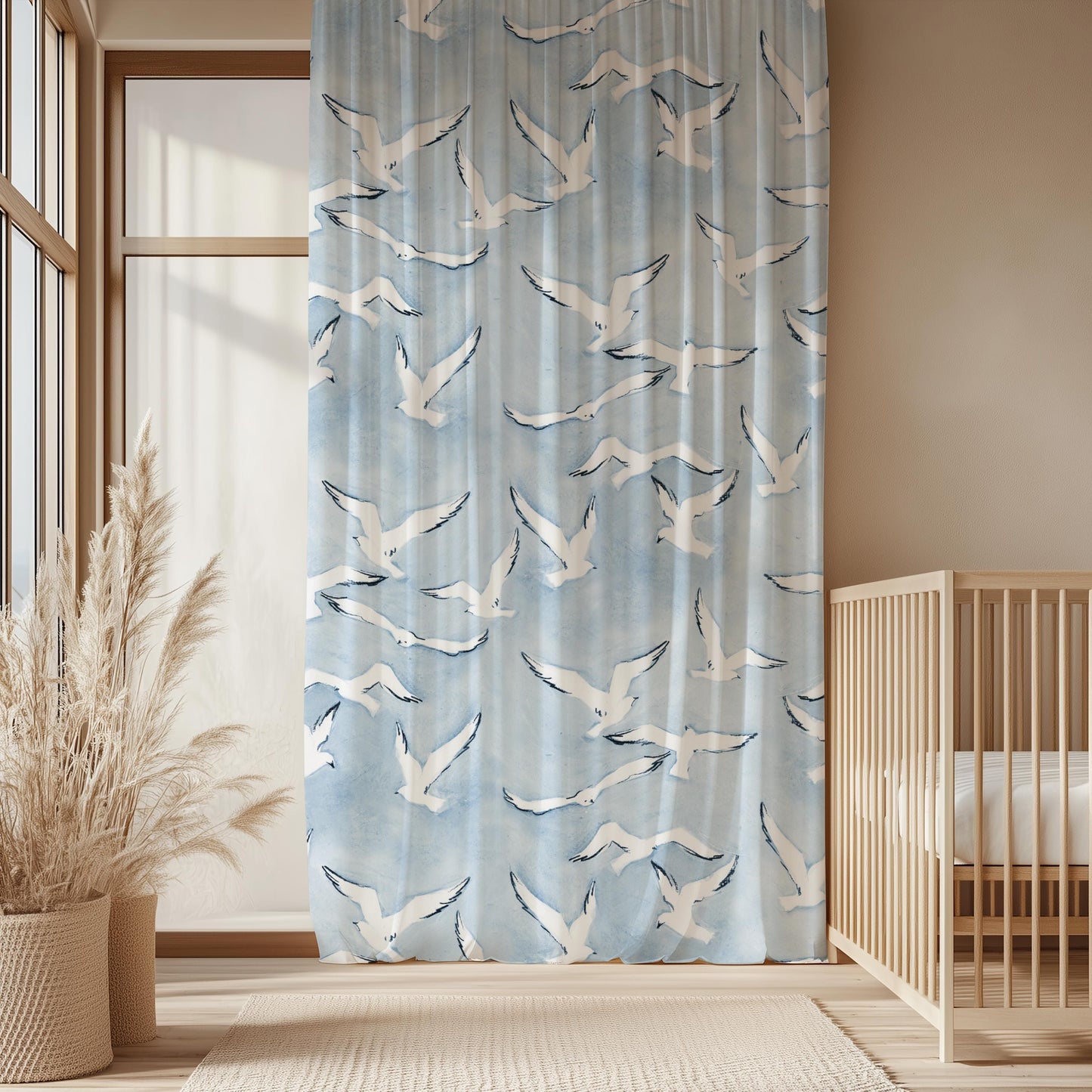 Seagull Curtain Blue Coastal Sheer Bird Curtain Blue and White Ocean Theme Nursery Pastel Design Baby Bedroom Soft Watercolor Toddler Idea