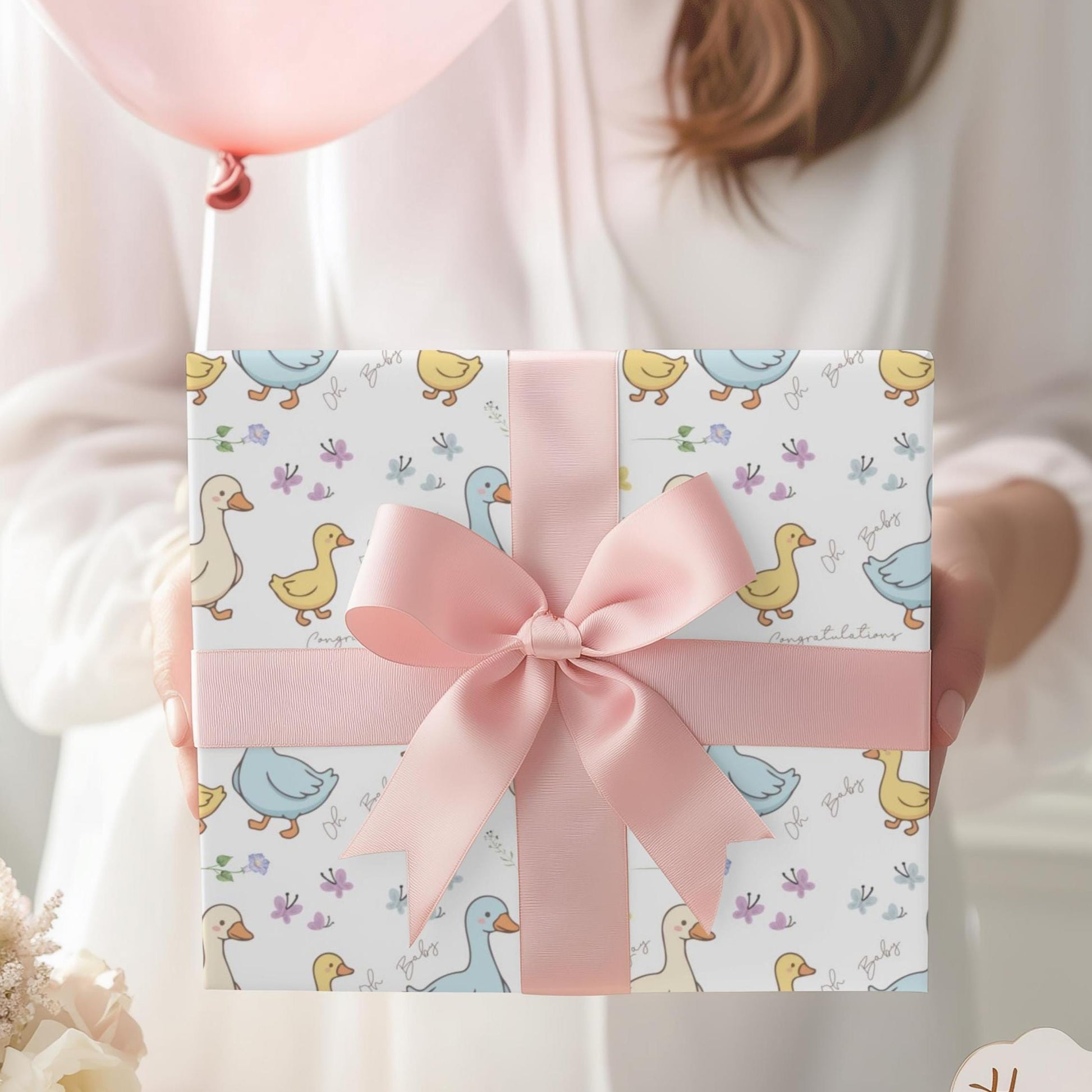 Cute Duck Design Baby Shower Wrapping Paper Duckling Theme Floral Gift Wrap Perfect Baby Shower Supplies Themed Party Gifts Premium Quality Wrapping Paper Adorable Duck Baby Shower Coordinated Theme Design Soft Colors Baby Shower Gift Wrap