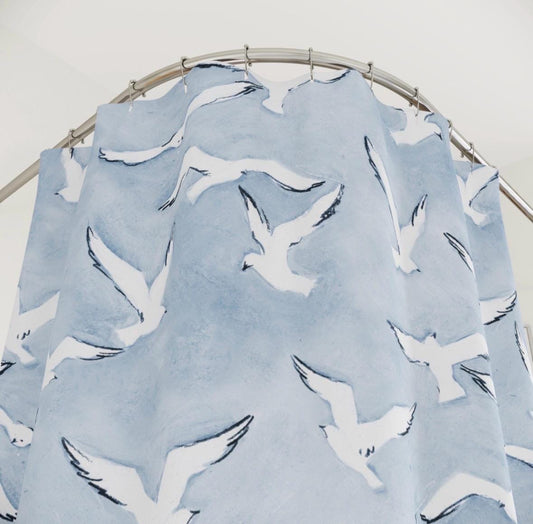 Dusty Blue and White Bird Design Shower Curtain Seagull Theme Guest Bathroom Idea for Lake House Coastal Home Decor Pastel Color