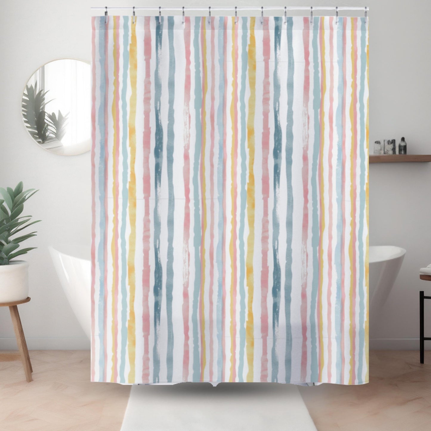 Pastel Stripe Home Decor Guest Bathroom Renovation Irregular Stripe Design Shower Curtain and Marching Bath Mat Teen Restroom Idea for Her