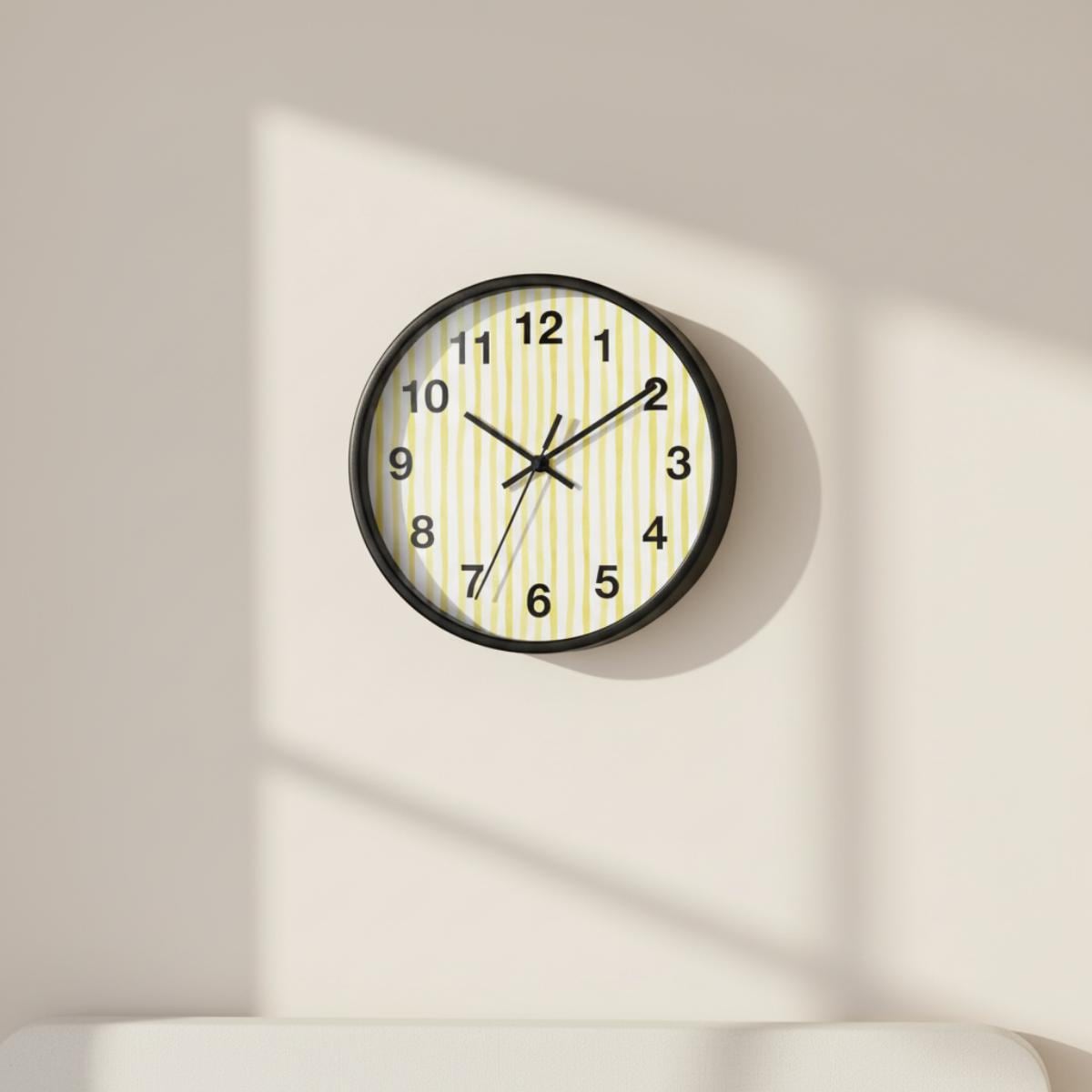 Kitchen Wall Clock Yellow Stripe Design Modern Kitchen Decor Bright Cooking Space Wall Art Indoor Dining Area Renovation Idea