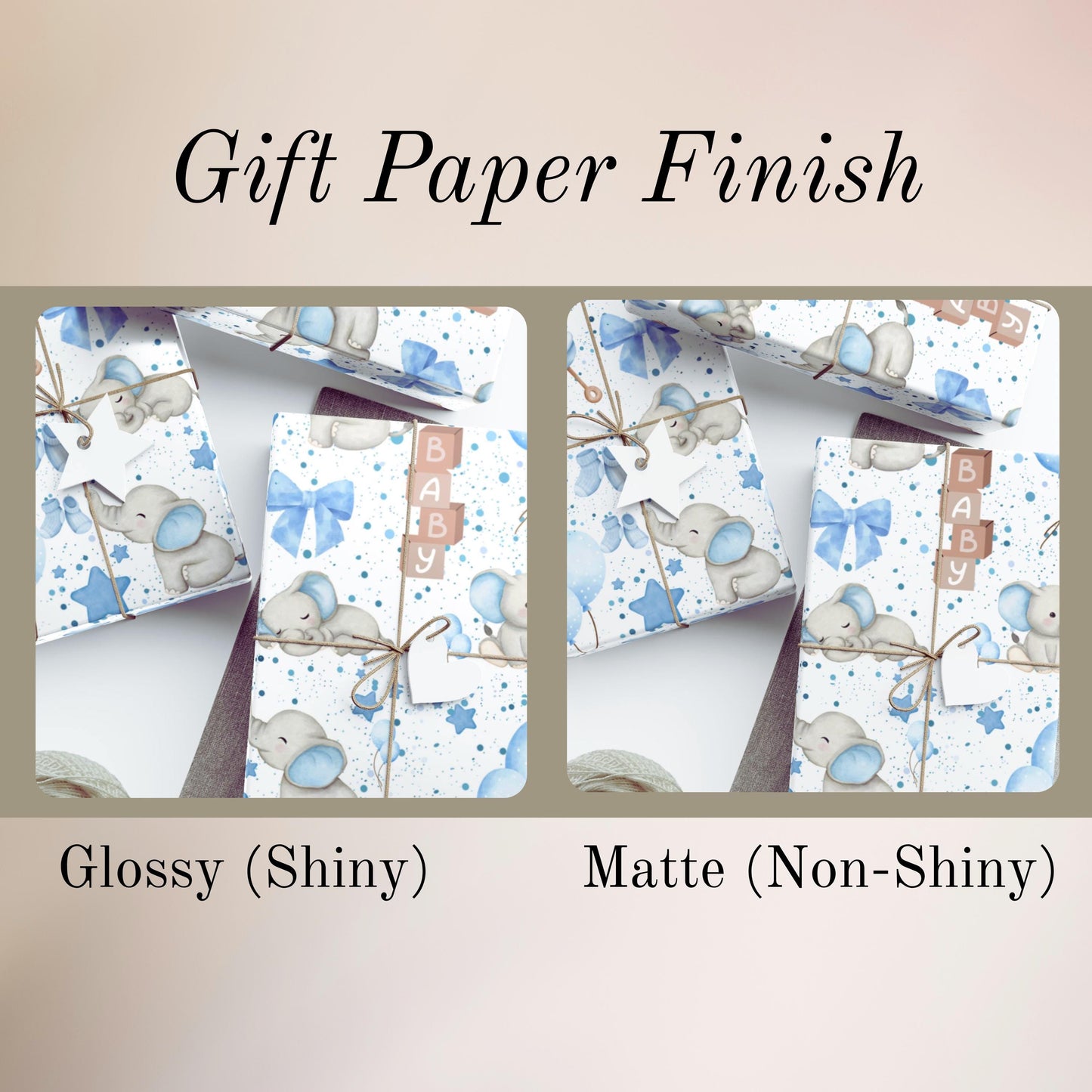 Baby Shower Wrapping Paper – Elephant Theme Neutral Dusty Blue Grey for Boy Sprinkle