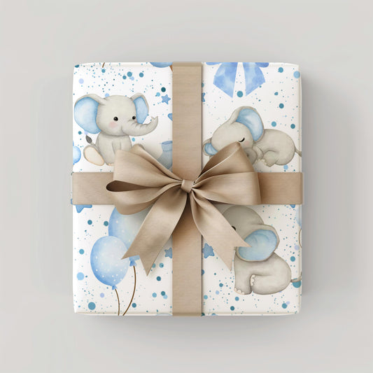Baby Shower Wrapping Paper Elephant Theme Gift Wrap Dusty Blue Grey Neutral Colors Boy Baby Sprinkle Celebration Nursery Pattern Design Premium Quality Paper Roll Perfect Gift Presentation Party Supplies Baby Boy Shower Event Essential