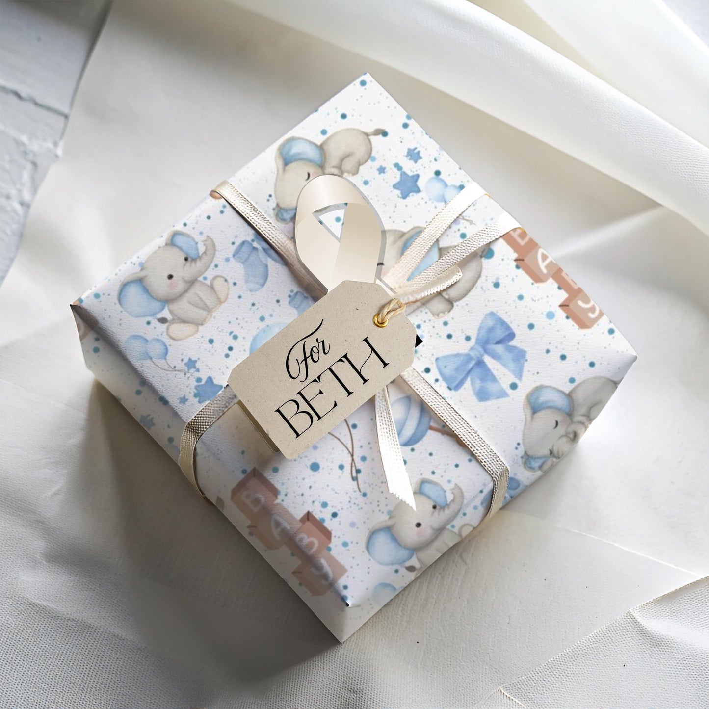 Elephant Theme Gift Wrap Baby Shower Wrapping Paper Dusty Blue Grey Boy Baby Sprinkle Party Supplies Neutral Nursery Design Pattern Premium Paper Roll Perfect Baby Boy Celebration Gift Presentation Beautiful Coordinated Theme Party