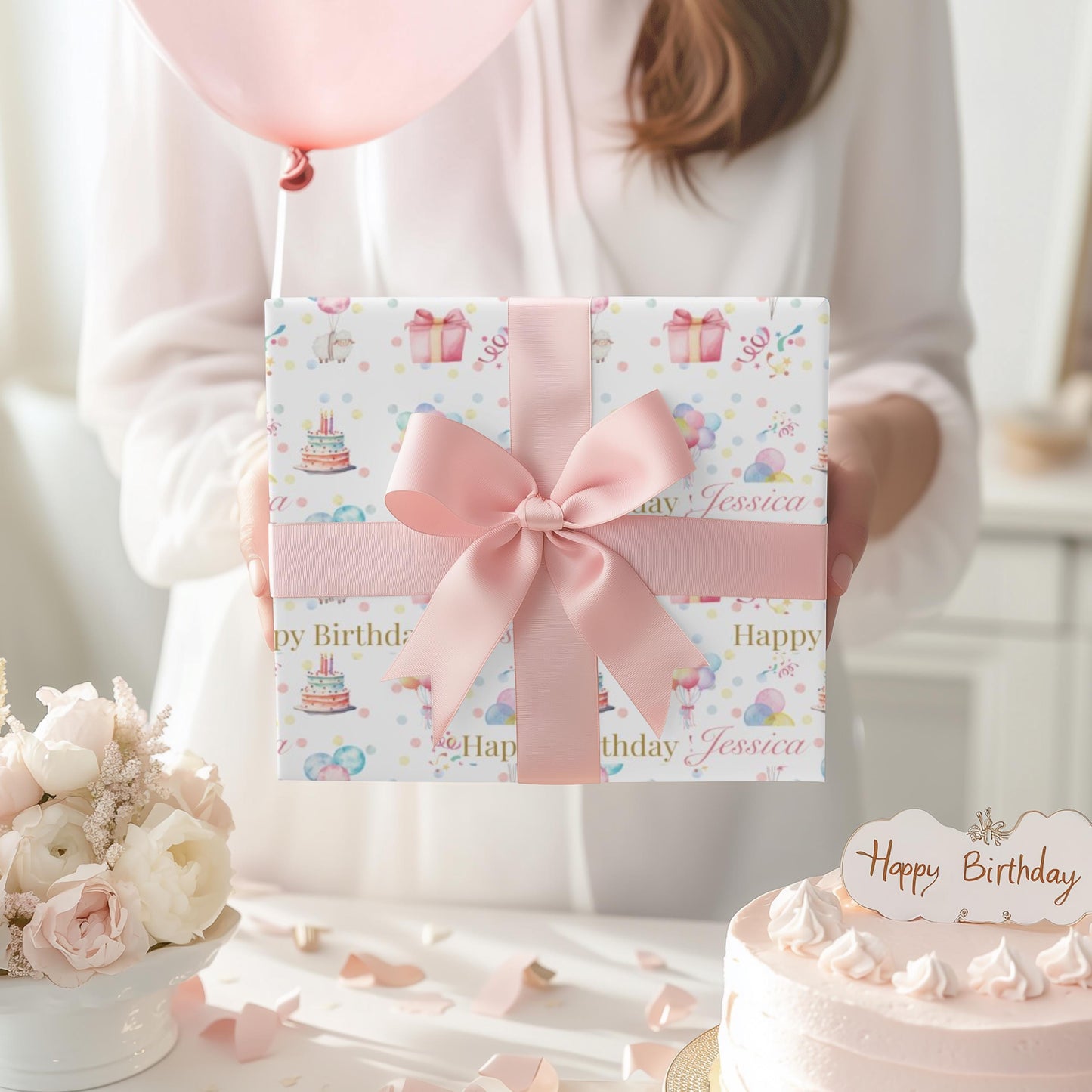 Happy Birthday Personalized Wrapping Paper Balloon Theme Gift Wrap Colorful Birthday Present Cake and Balloon Gift Paper for Granddaughter