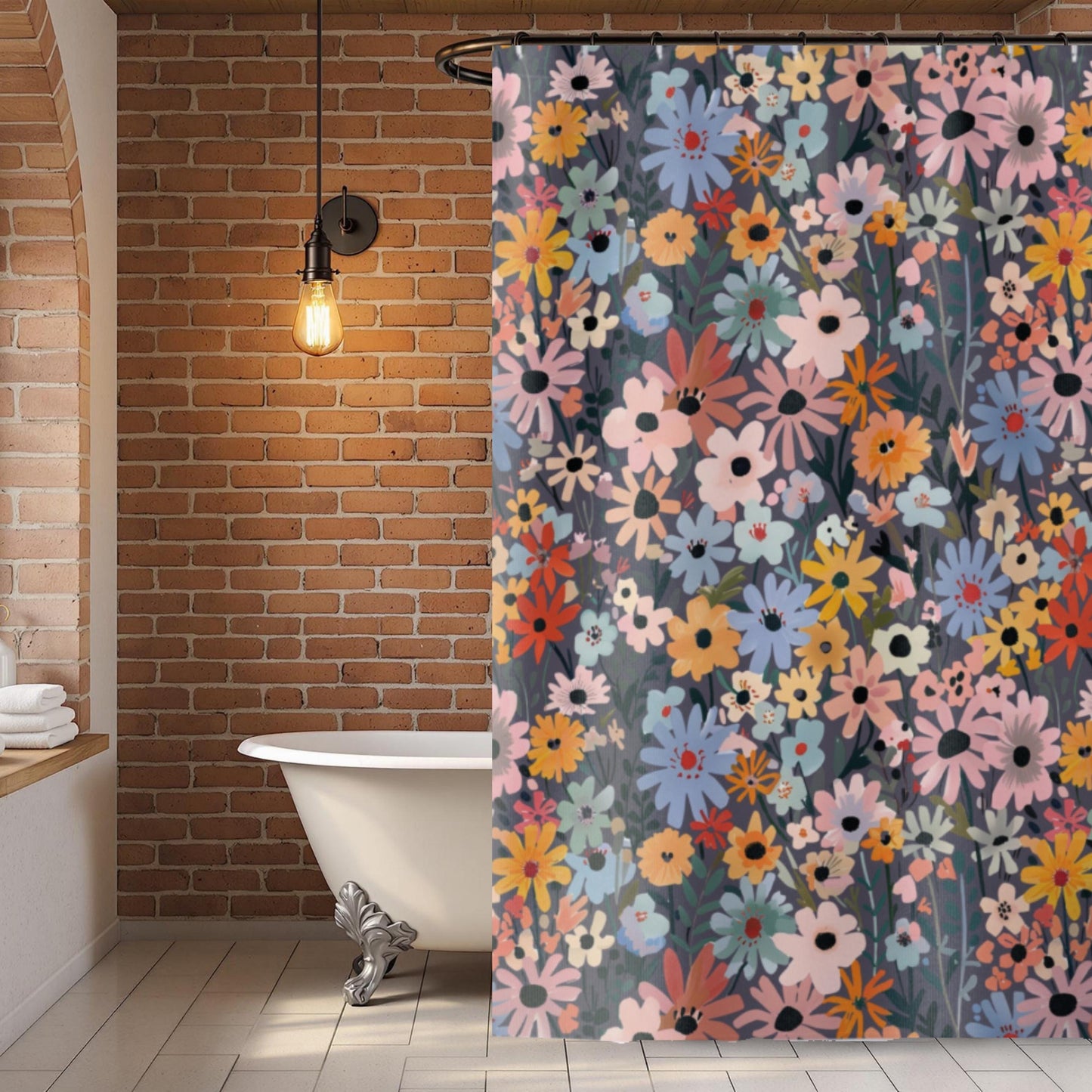 Wildflower Bathroom Set Shower Curtain Bath Mat Botanical Design Modern Floral Accessories Colorful Decoration Spring Theme Cottage Style Standard Size Buttonholes Beautiful Home Makeover Pink Blue Yellow Orange Flowers Dark Gray Background