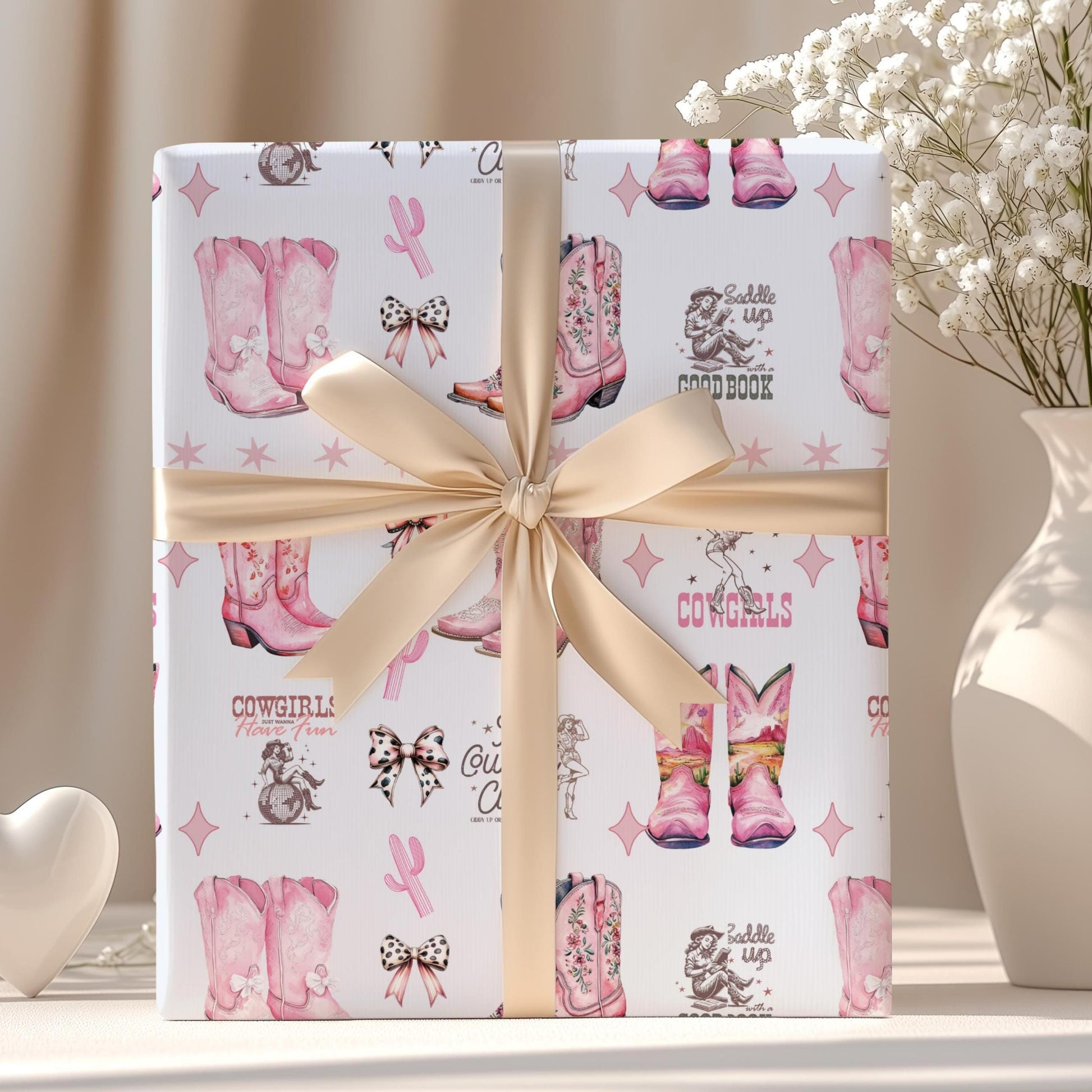 Pink Girly Cowgirl Birthday Gift Wrap Eco Friendly Western Style Design Pattern Stars Collection Birthday Party Essential Multiple Size Options Professional Grade Construction Perfect Gift Wrapping Supply Beautiful Pattern Details Party