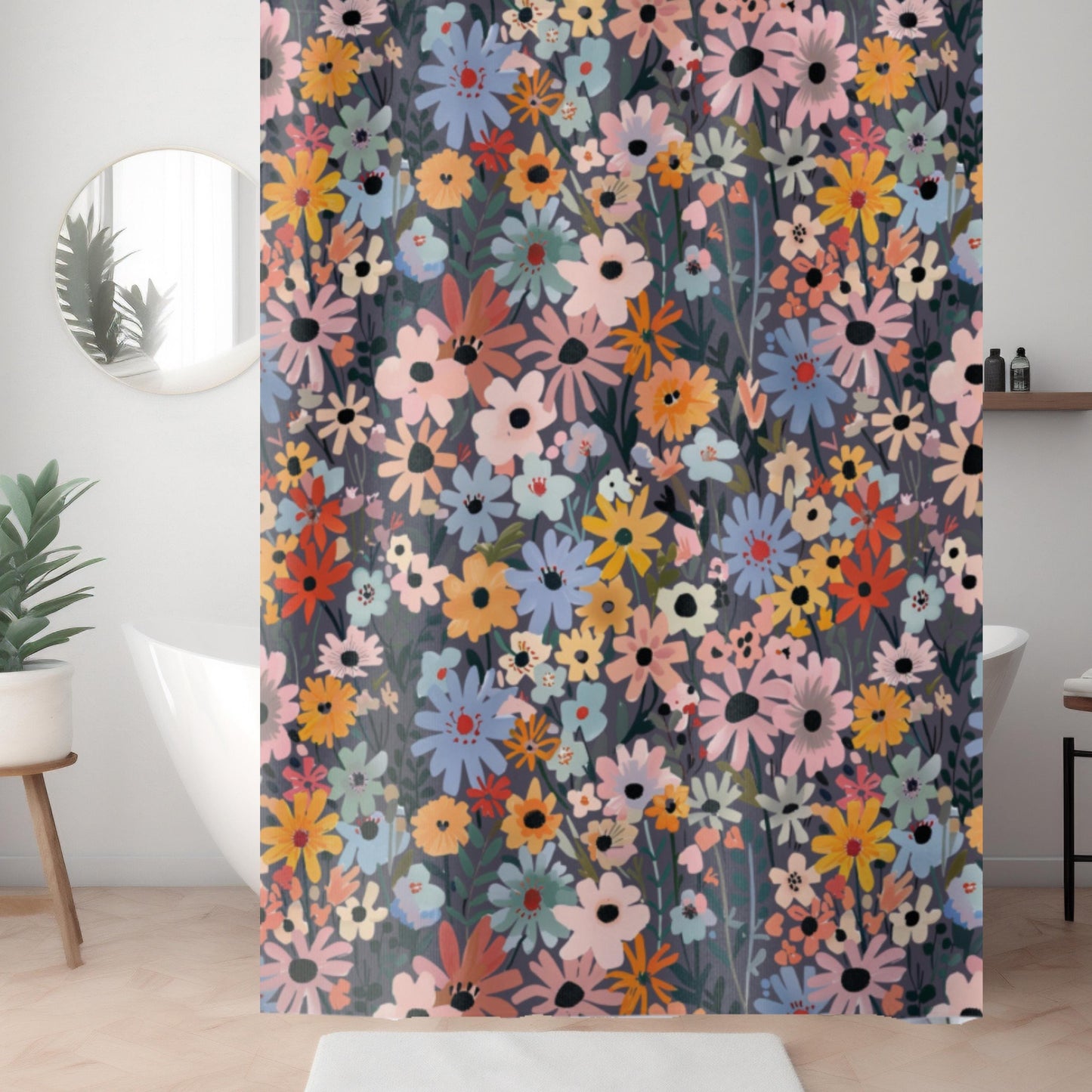 Nature Inspired Bathroom Set Wildflower Pattern Shower Curtain Bath Mat Botanical Design Colorful Floral Decoration Spring Theme Cottage Style Pink Blue Yellow Orange Blooms Dark Gray Background Standard Size Beautiful Home Accessories