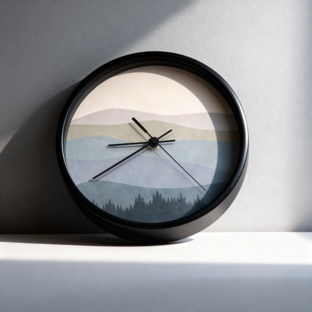 Boho Wall Clock Mountain Minimalist Design Wooden Frame Silent Quartz Movement Living Room Essential Mid Century Modern Style Plexiglass Face Indoor Timepiece Battery Operated Perfect Housewarming Gift New Home Owner Present Pre Installed