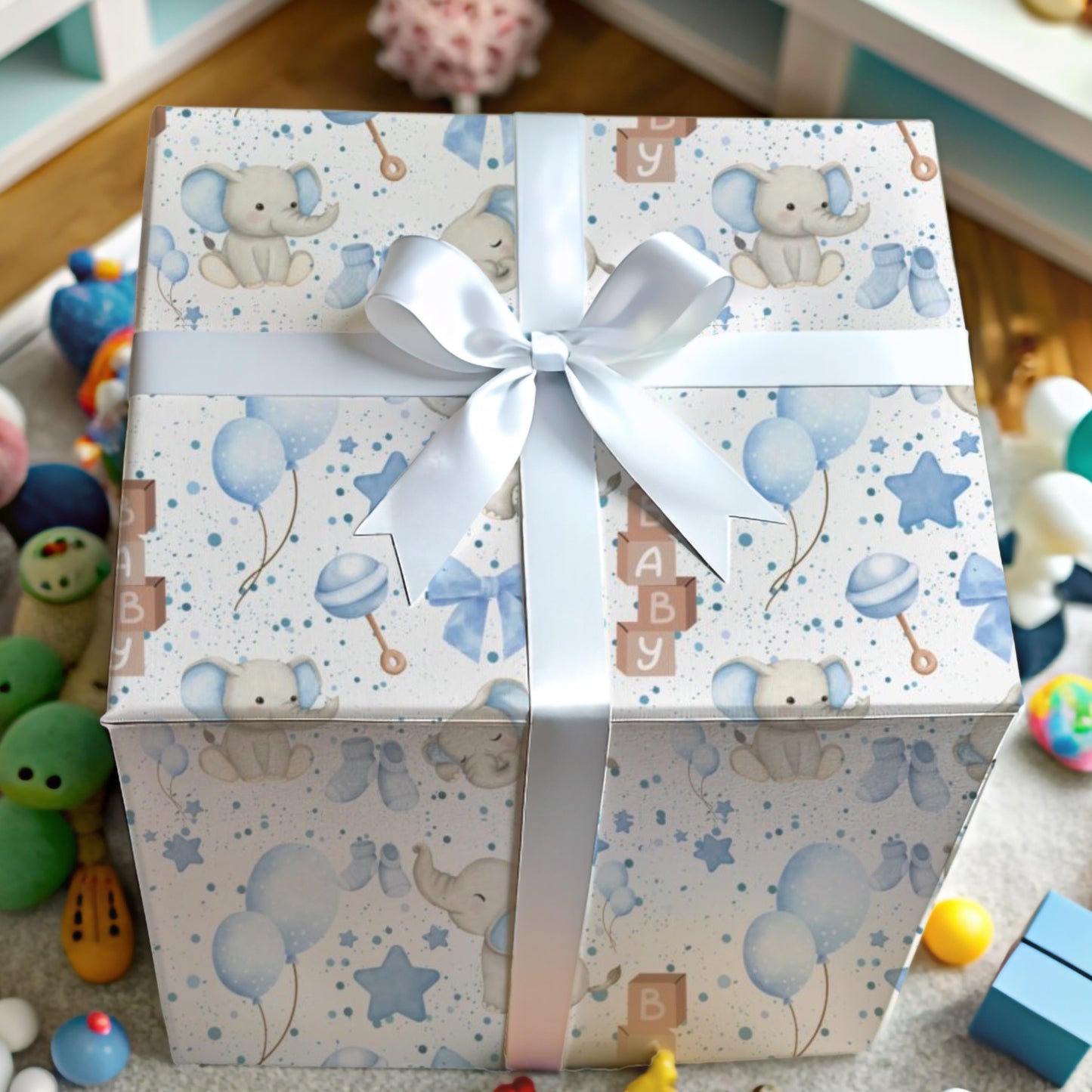 Dusty Blue Grey Baby Shower Gift Wrap Elephant Theme Wrapping Paper Neutral Boy Baby Sprinkle Nursery Pattern Design Premium Paper Roll Perfect Baby Boy Shower Celebration Party Supplies Beautiful Elephant Design Gift Presentation