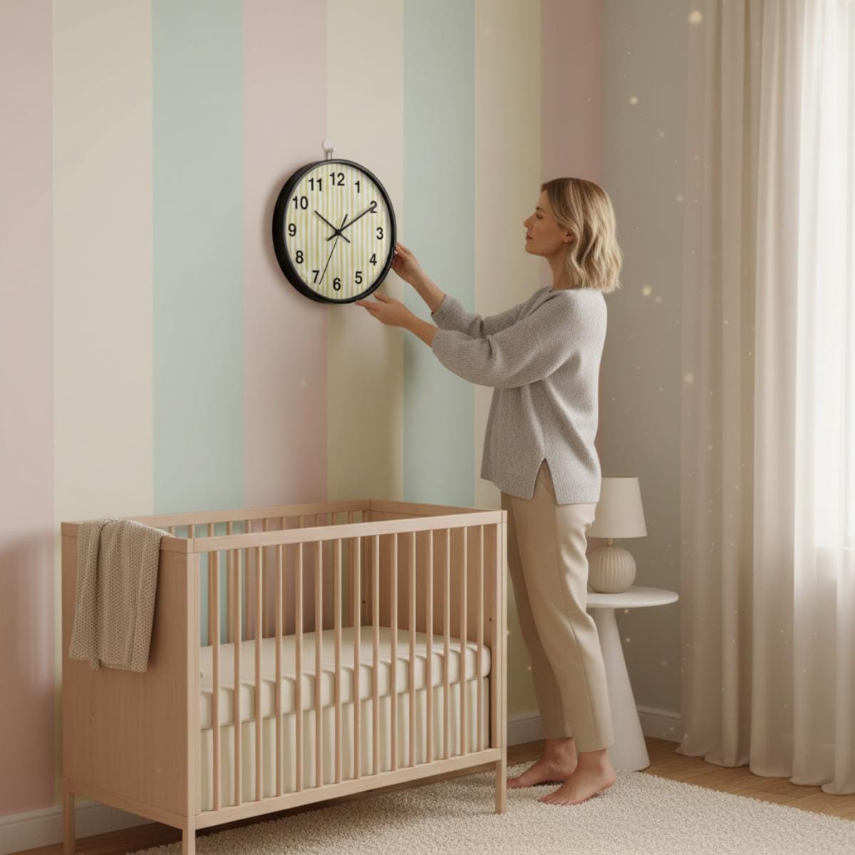 Nursery Minimalist Yellow Decor Striped Wall Clock Silent Mechanism Battery Operated Wall Timepiece Wood Frame Customizable Nursery Idea