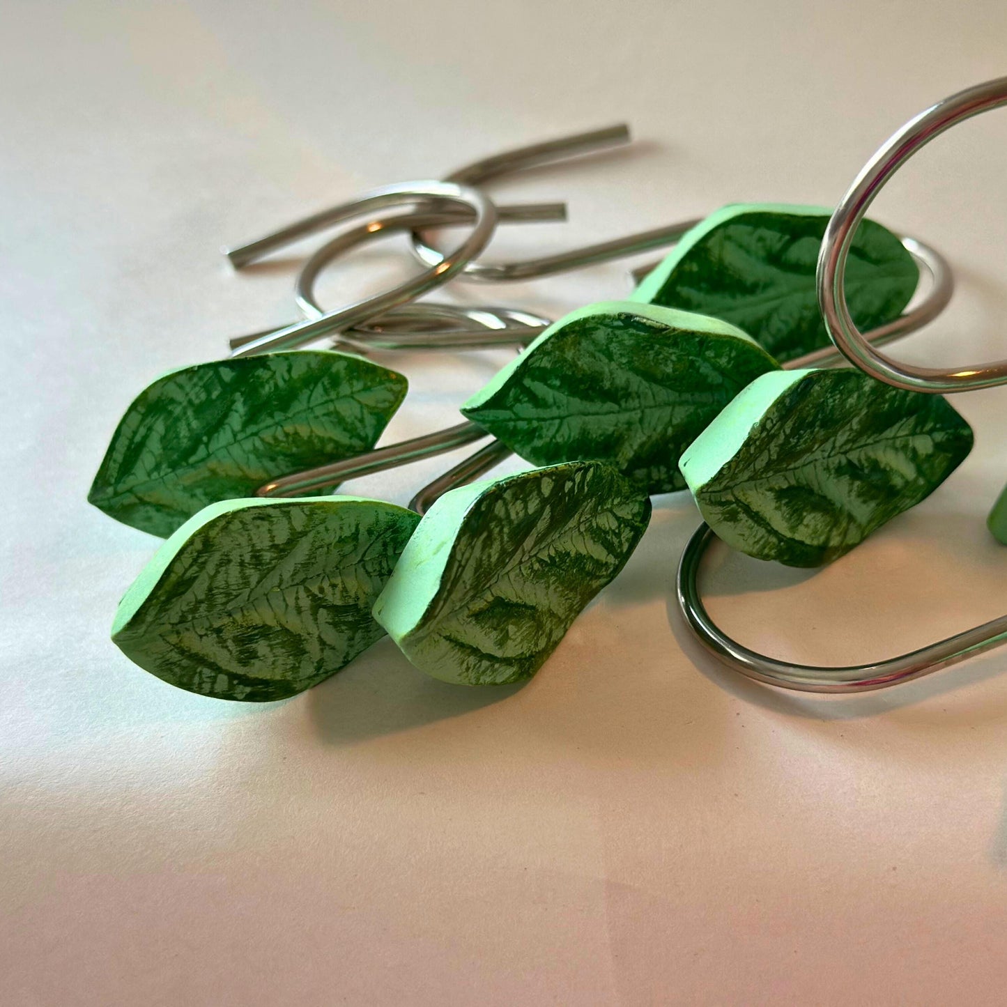 Sage Green Leaf Shower Curtain Rings Minimalist Earth Tone Bathroom Decor Modern Bohemian Bath Accessories Organic Style Home Upgrade