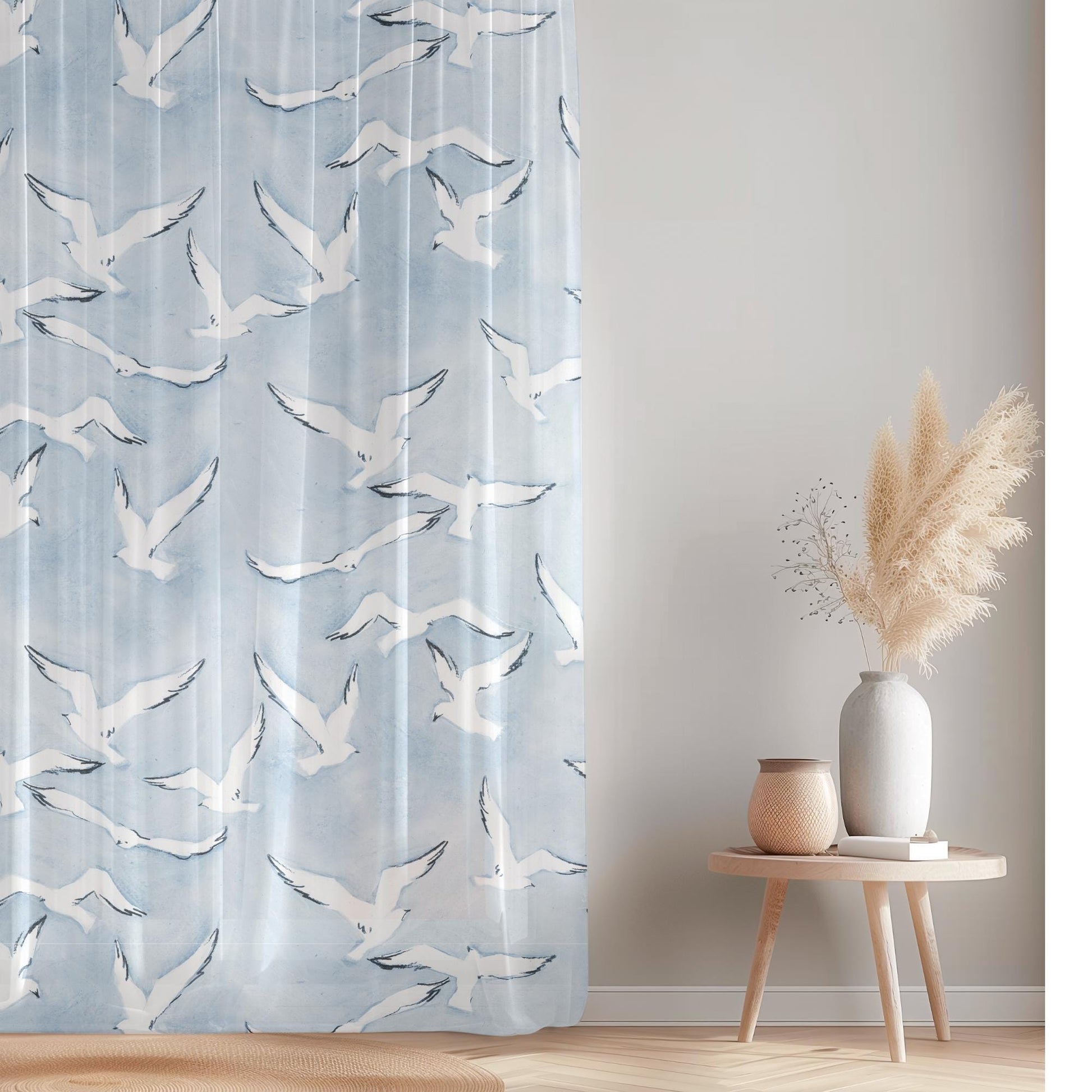 Modern Nautical Curtain Blue Sheer Panel Light Filtering Design Beach House Style Window Treatment Seagull Pattern Premium Construction Rod Pocket Feature Ocean Theme Living Room Essential Beautiful Coastal Look Machine Washable Material