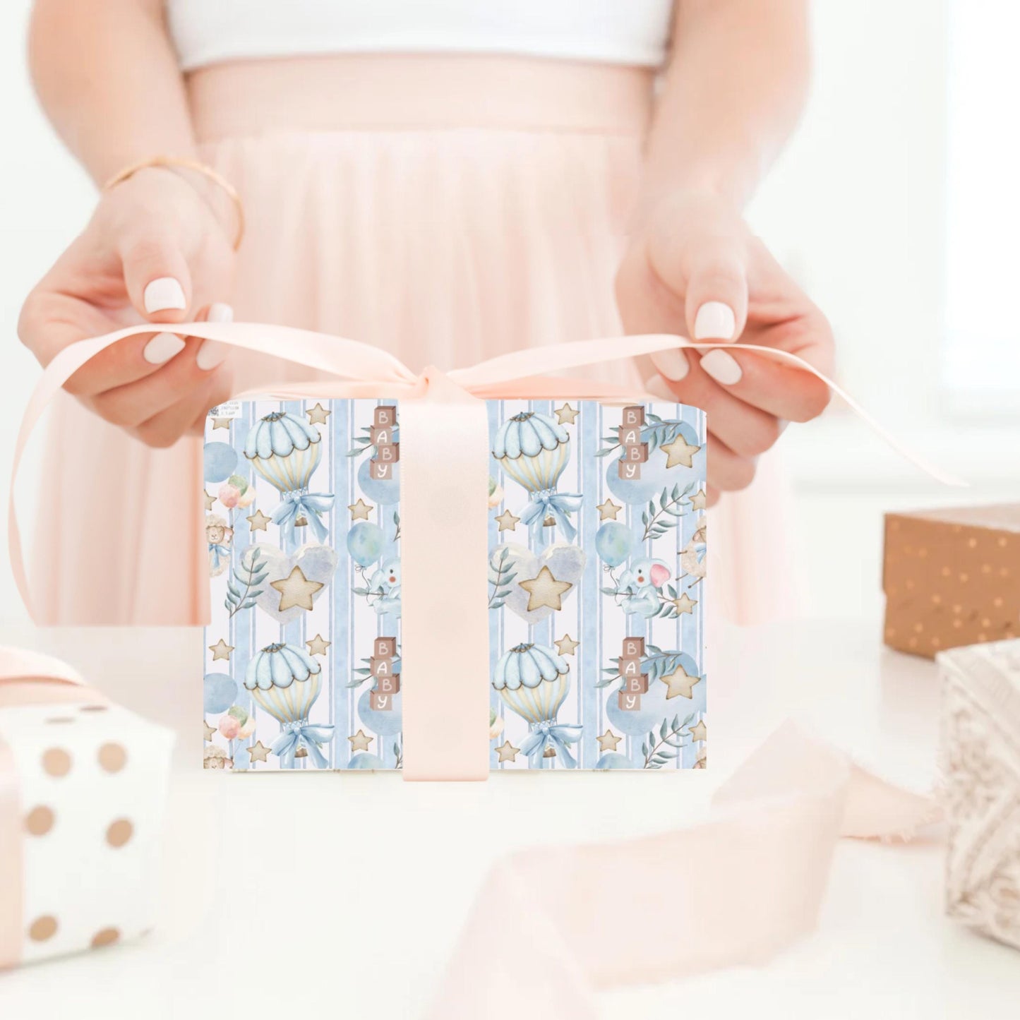 Gift for Baby Elegant Gift Wrapping Paper Neutral Blue Gift Wrap Luxury Baby Shower Paper Minimal Baby Elephant Nursery Aesthetic Idea
