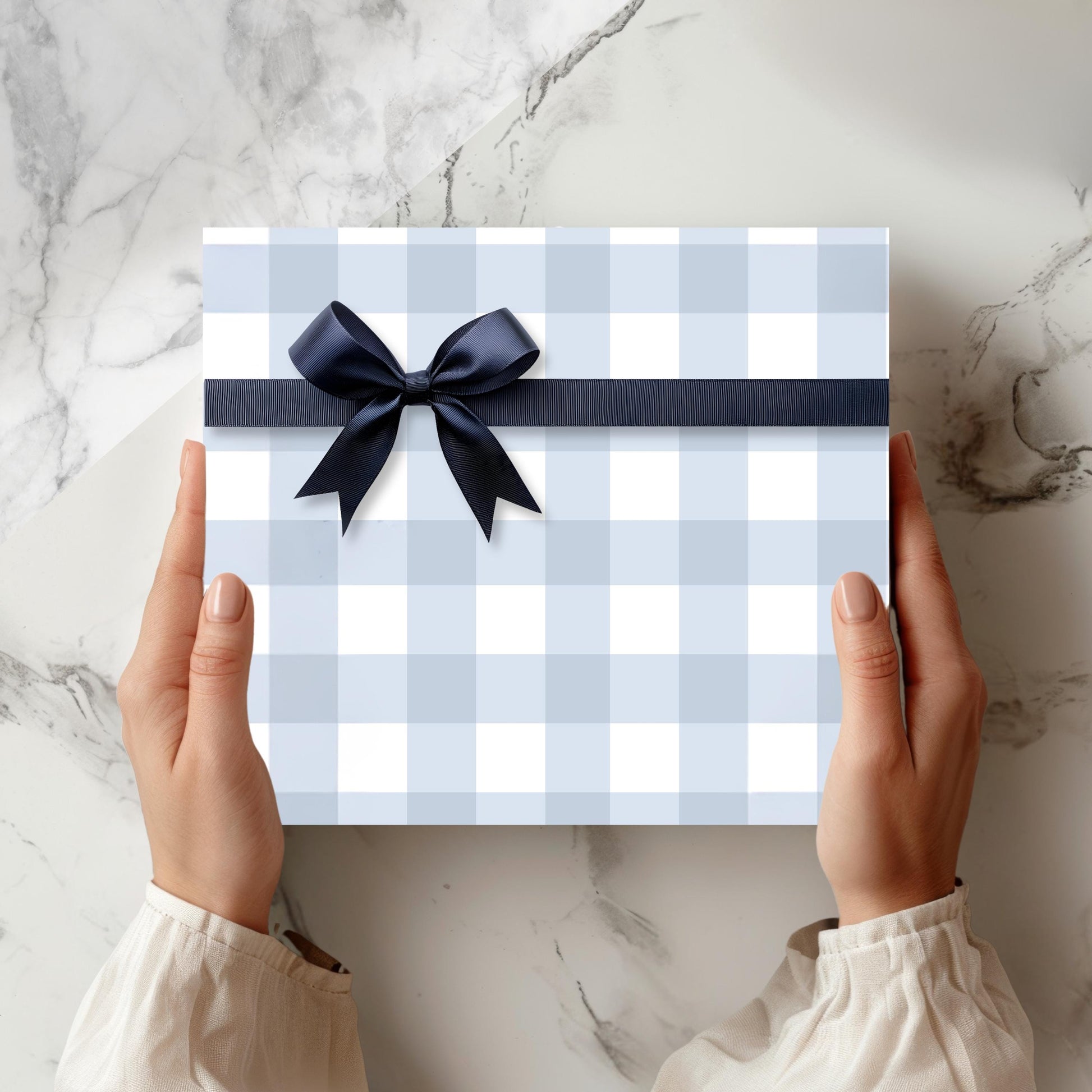 Buffalo Check Wrap Kraft Paper Holiday Gift Packaging Christmas Present Wrapping Blue White Plaid Pattern Farmhouse Style Rustic Design Elegant Chic Look Winter Celebration Package Country Style Presentation Beautiful Wrapping Solution