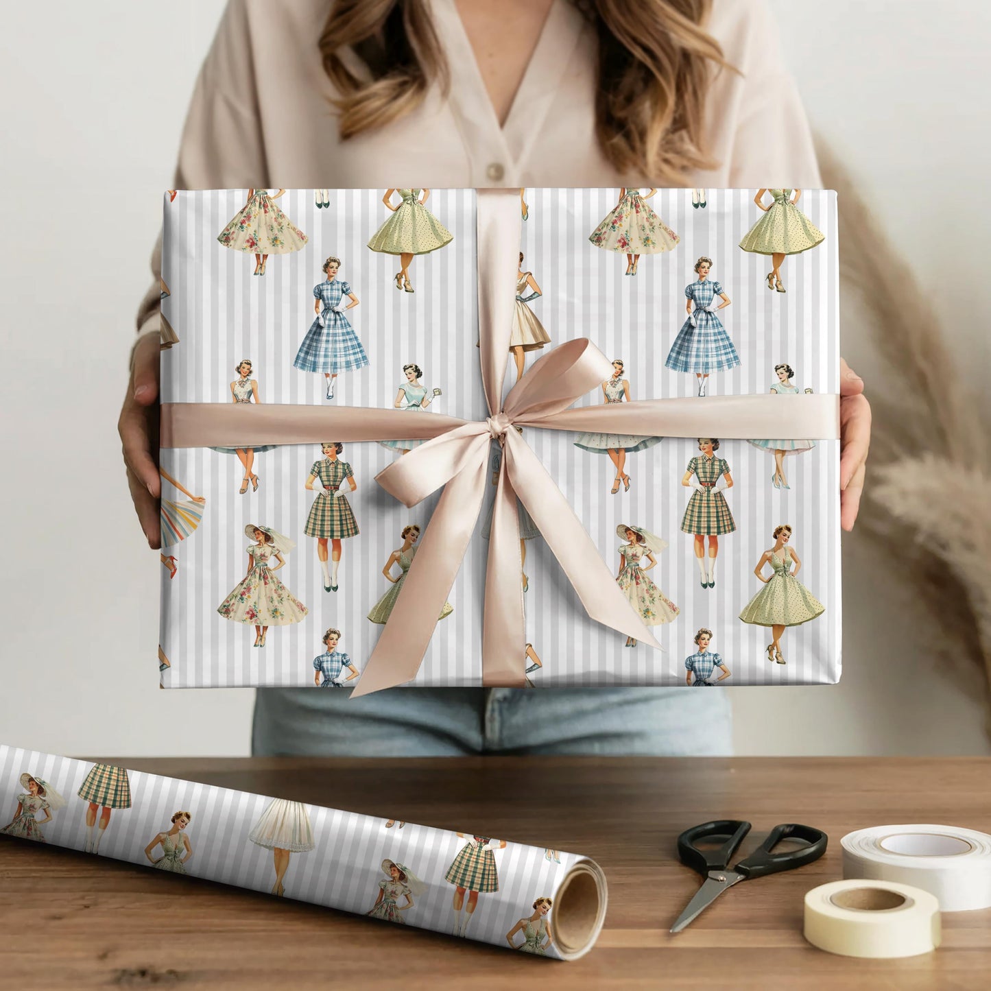 Retro Vintage Design Gift Wrapping Paper Elegant Ladies Bridal Shower Gift Paper for Bride Wedding Party Wrapping