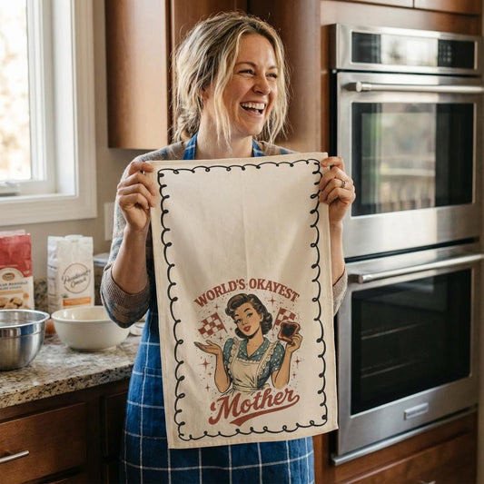 Worlds Okayest Mother Funny Tea Towel Sarcastic Mom Gift Vintage Style Kitchen Towel Mothers Day Gift Funny Kitchen Decor Sarcastic Gift for Mom Funny Tea Towel Mothers Day Gift Idea Vintage Design Fun Hand Towel Birthday Gift for Her