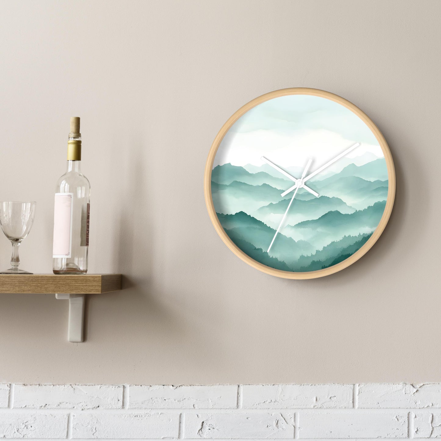 Contemporary Wall Clock Mountain Design Minimalist Wood Frame Nature Inspired Timepiece Modern Home Decor Living Room Accent Beautiful Teal White Gradient Premium Construction Square Shape Natural Wood Material Perfect Gift Present