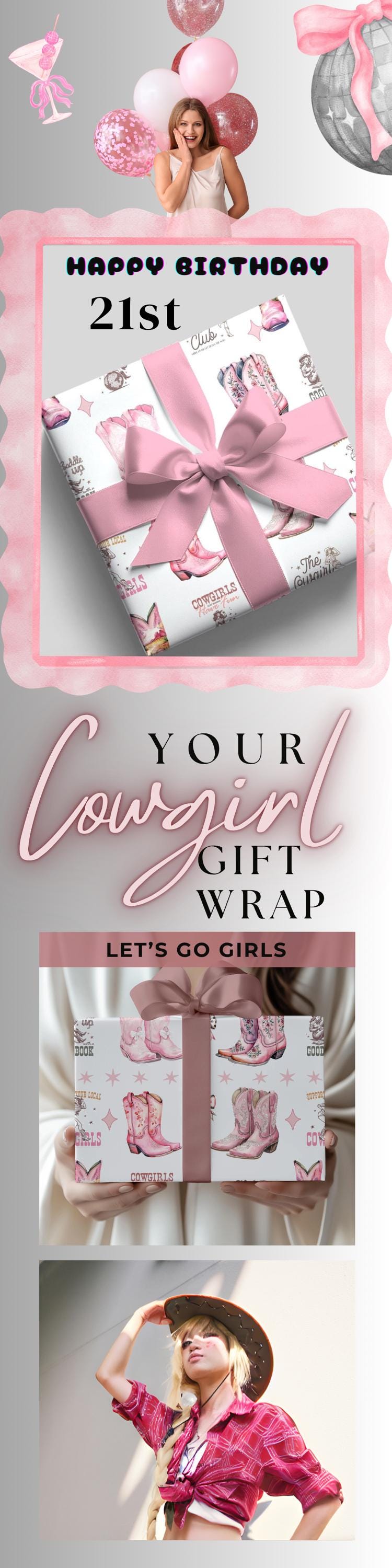 21st Birthday Gift Wrapping Paper for Cowgirl Aesthetic Pink Boot Twenty First Birthday Party Decor for Sorority Sister Present Girly Theme