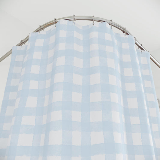 Shower Curtain Dusty Blue and White Checkered Bath Mat Matching Bathroom Decor Pastel Blue Cottage Style Bath Cover for Guest Bathroom Idea